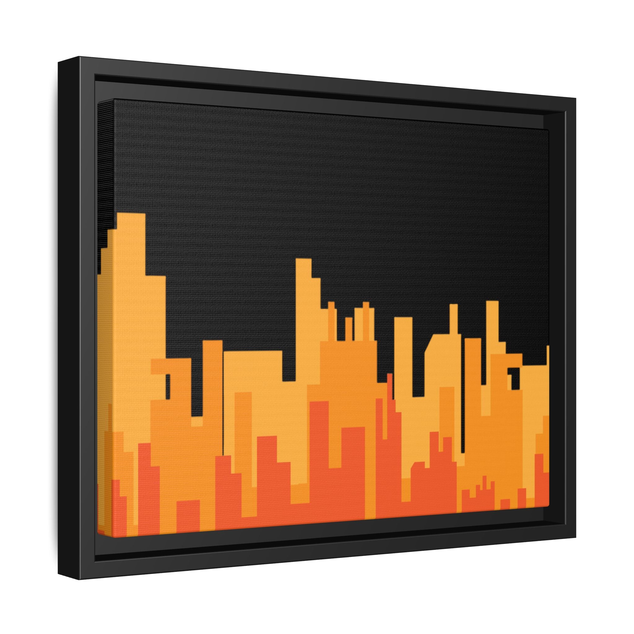 City Skyline Matte Canvas Print — Modern Pixelated Orange Urban Art (Framed)