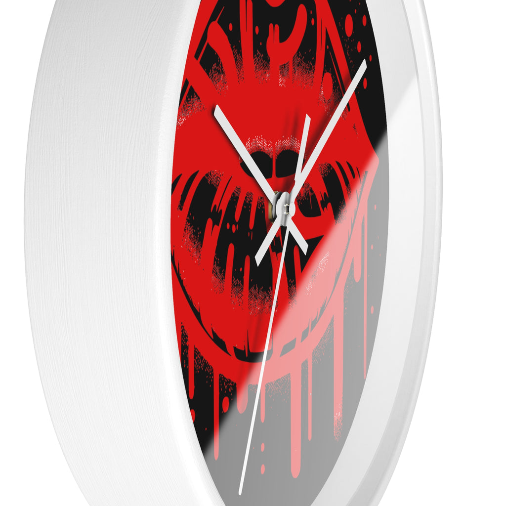 Red Graffiti Kiss Wall Clock on Black— Bold Drip Lip Art Clock