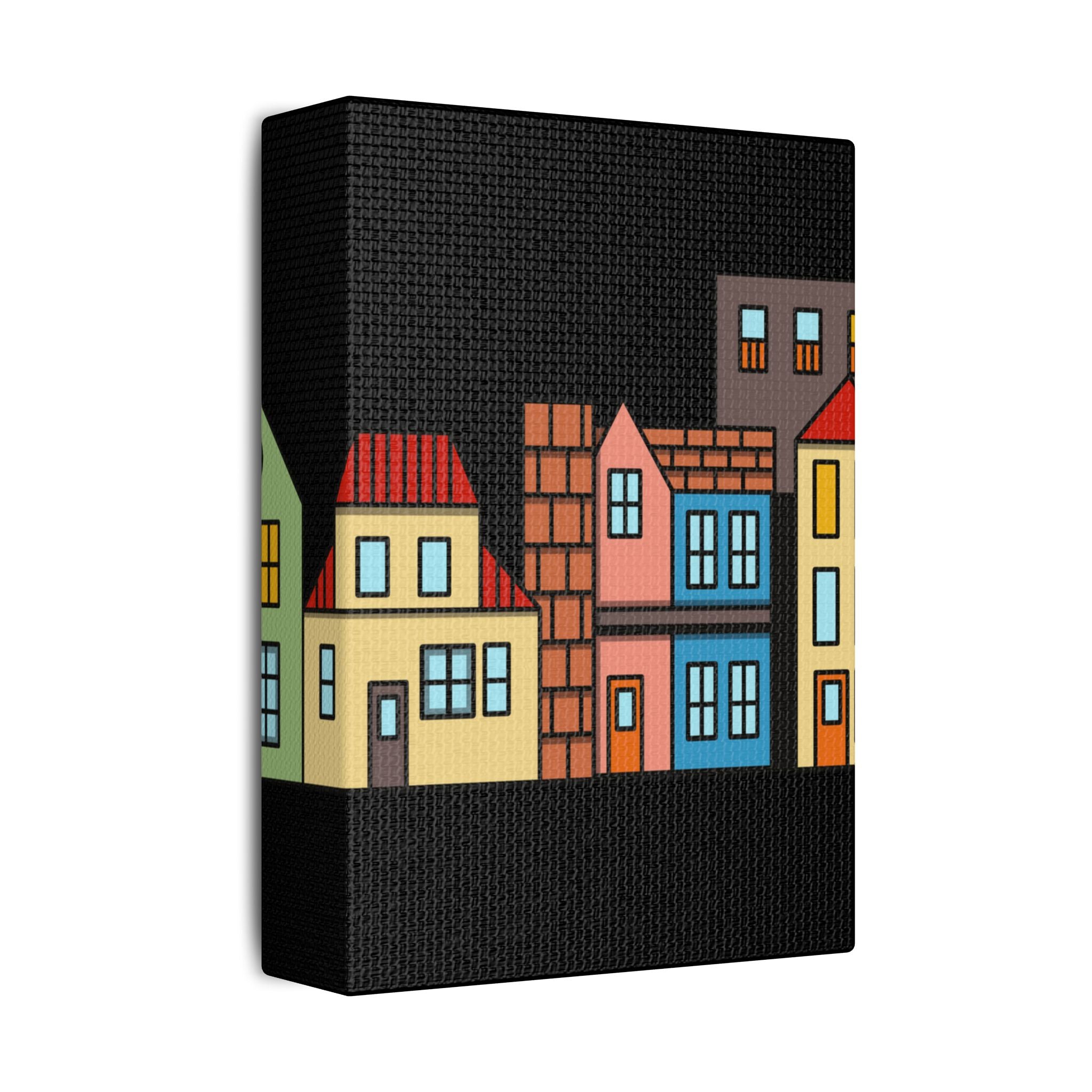 Colorful Row Houses Satin Canvas Wall Art — Stretched Cityscape Print