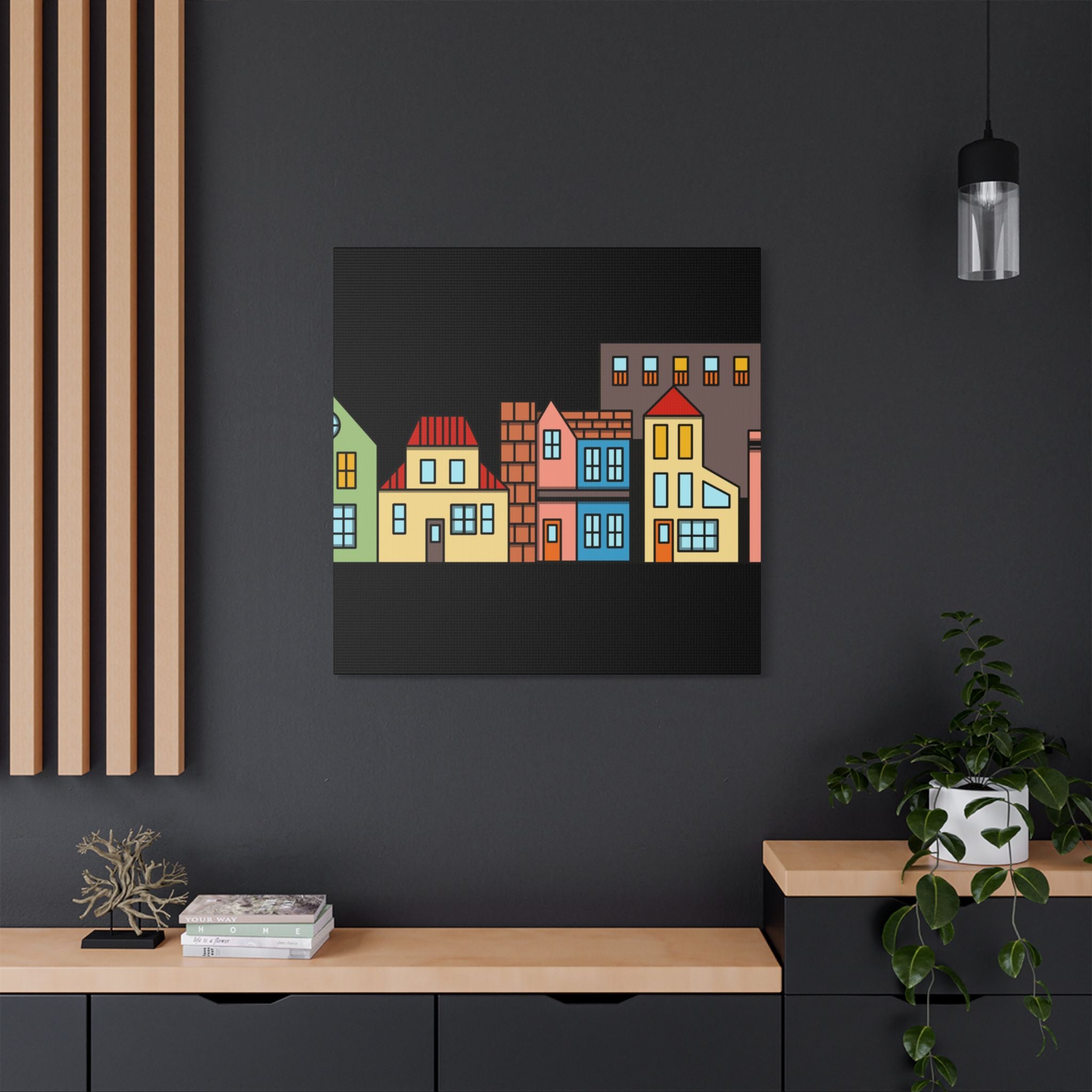 Colorful Row Houses Satin Canvas Wall Art — Stretched Cityscape Print