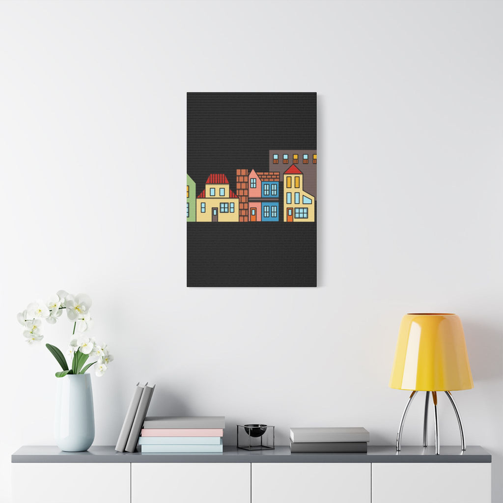 Colorful Row Houses Satin Canvas Wall Art — Stretched Cityscape Print