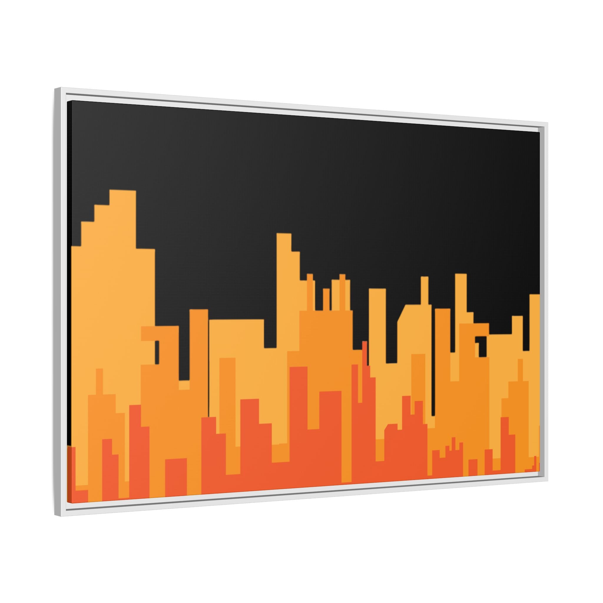 City Skyline Matte Canvas Print — Modern Pixelated Orange Urban Art (Framed)
