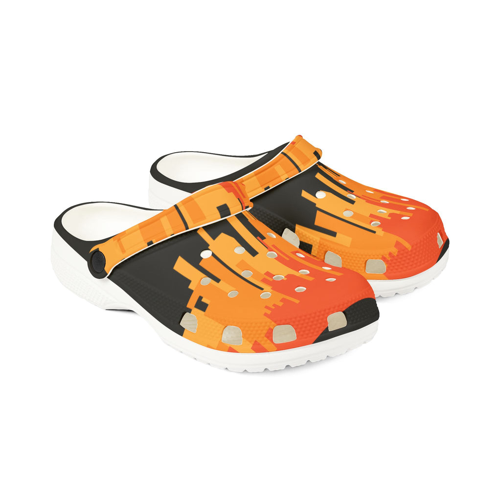 Vibrant Orange City Scape on Black Slide-On EVA Foam Shoes