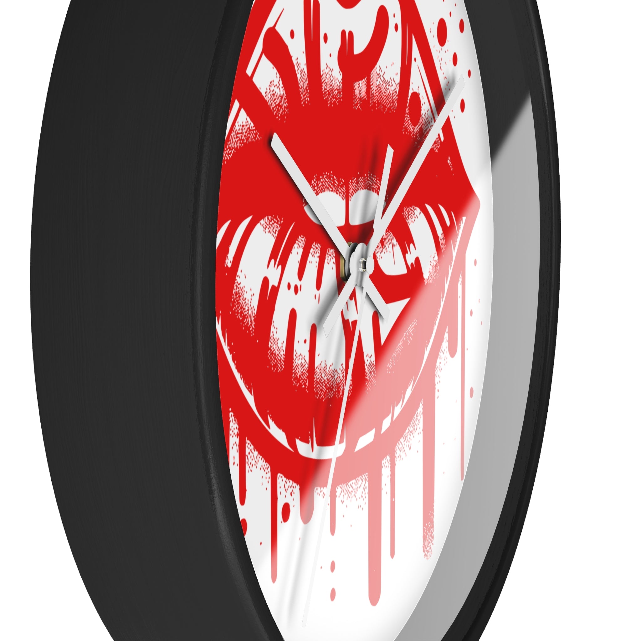 Red Graffiti Kiss Wall Clock on White — Bold Drip Lip Art Clock