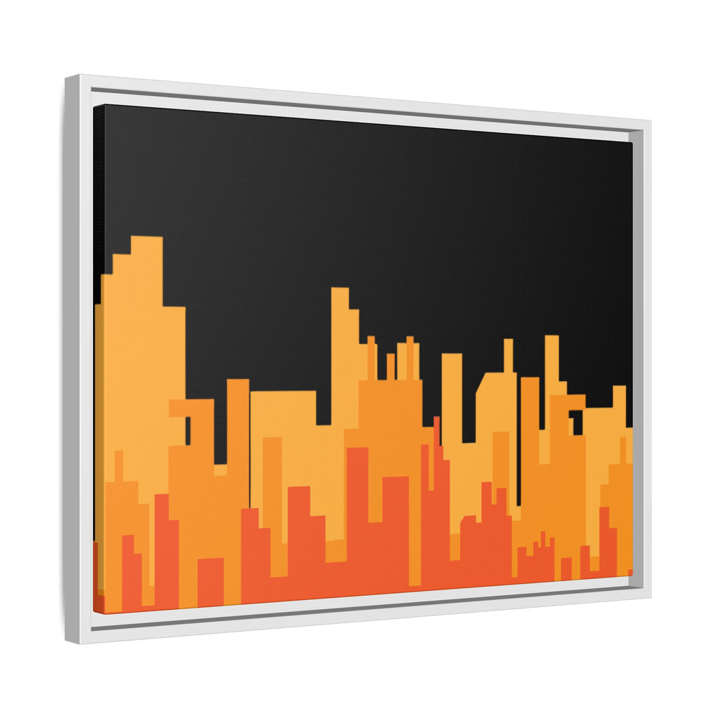 City Skyline Matte Canvas Print — Modern Pixelated Orange Urban Art (Framed)
