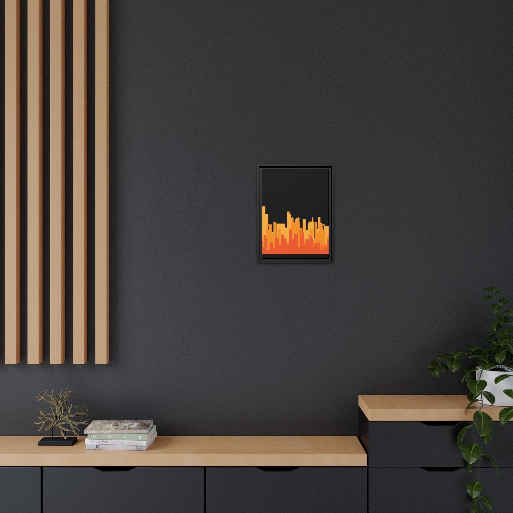 City Skyline Matte Canvas Print — Modern Pixelated Orange Urban Art (Framed)