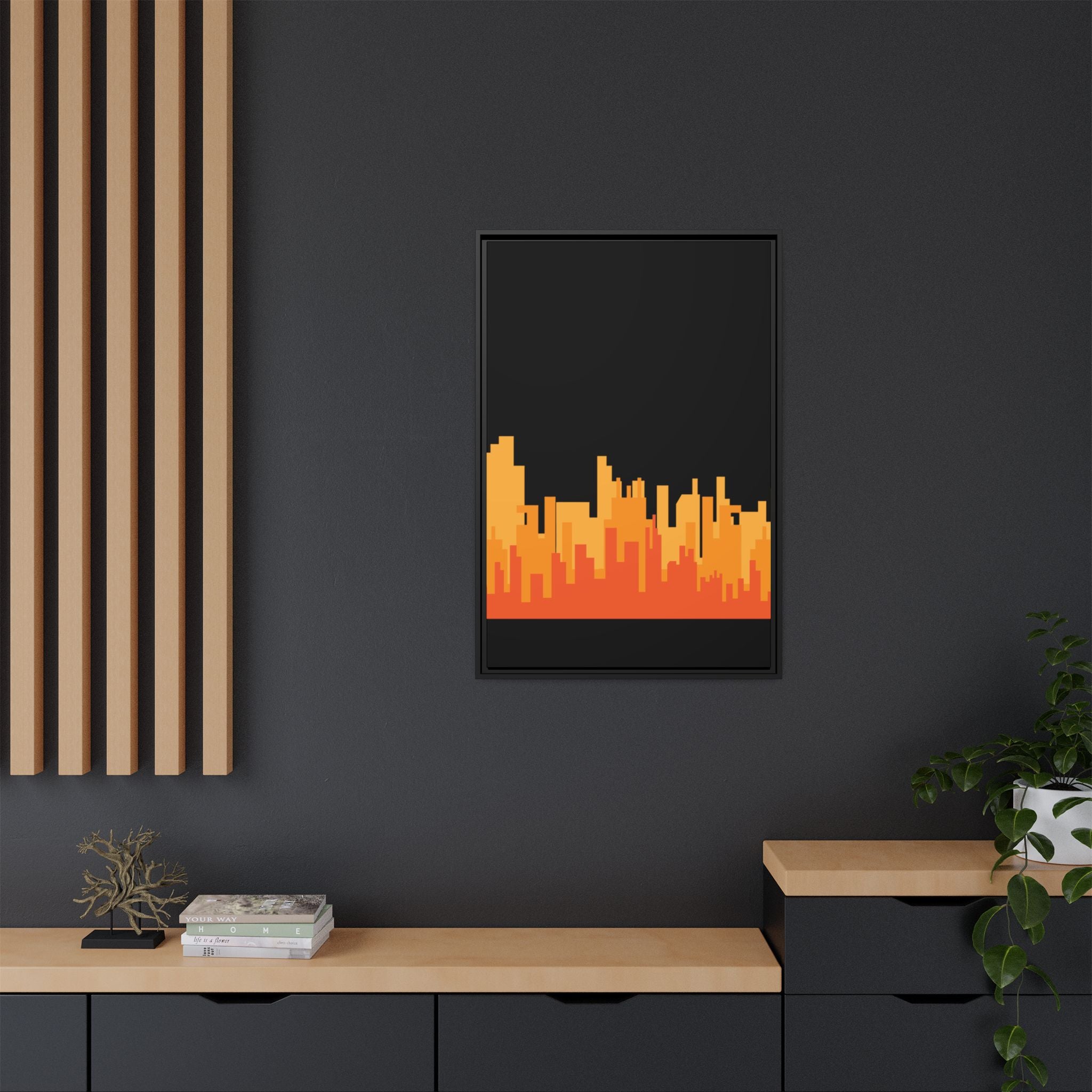 City Skyline Matte Canvas Print — Modern Pixelated Orange Urban Art (Framed)