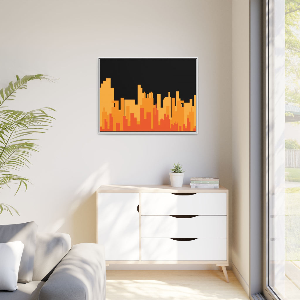 City Skyline Matte Canvas Print — Modern Pixelated Orange Urban Art (Framed)