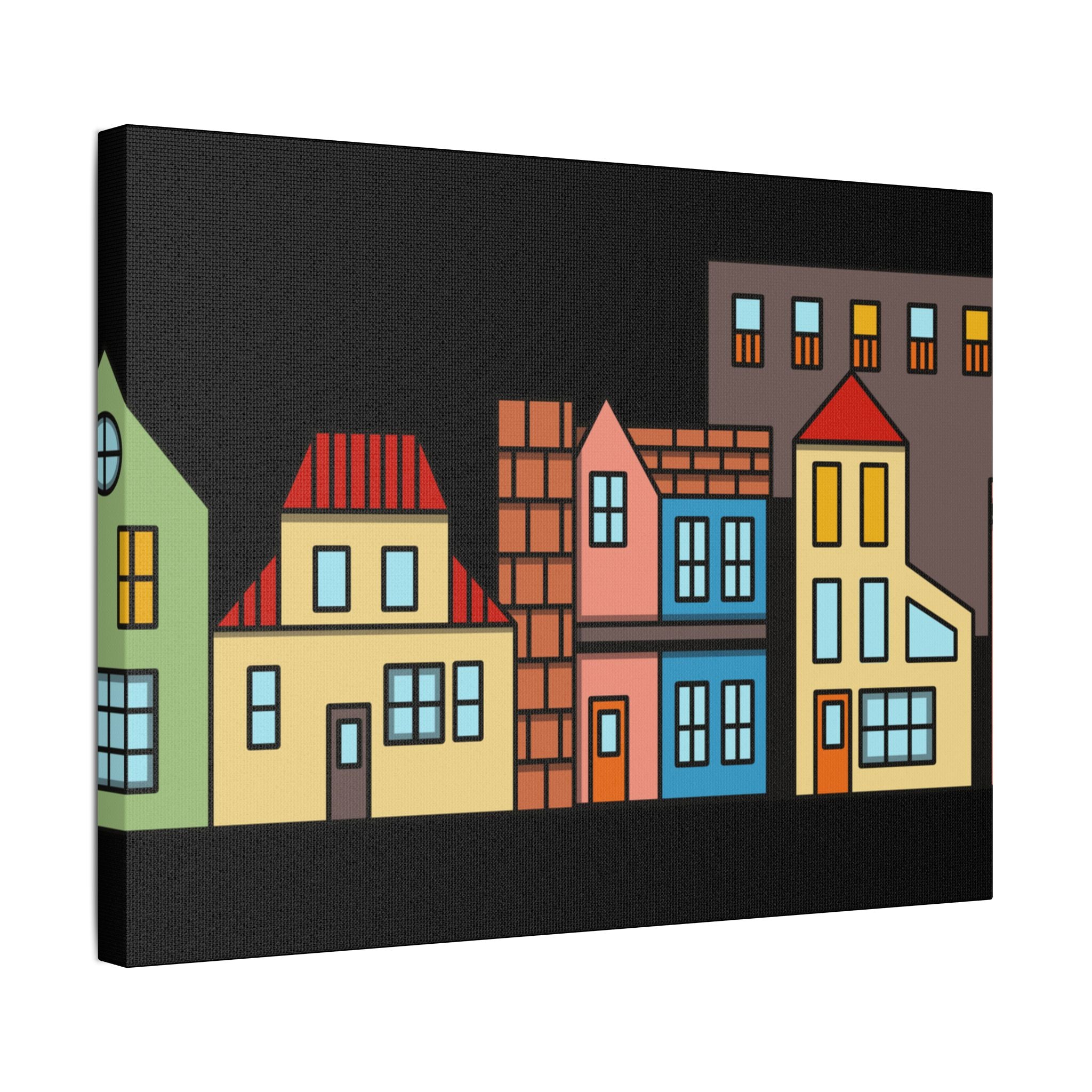 Colorful Row Houses Satin Canvas Wall Art — Stretched Cityscape Print