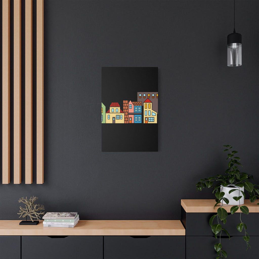 Colorful Row Houses Satin Canvas Wall Art — Stretched Cityscape Print