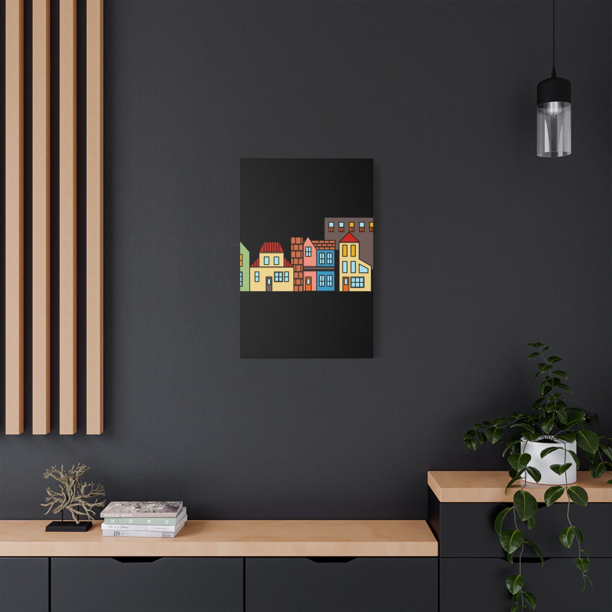 Colorful Row Houses Satin Canvas Wall Art — Stretched Cityscape Print