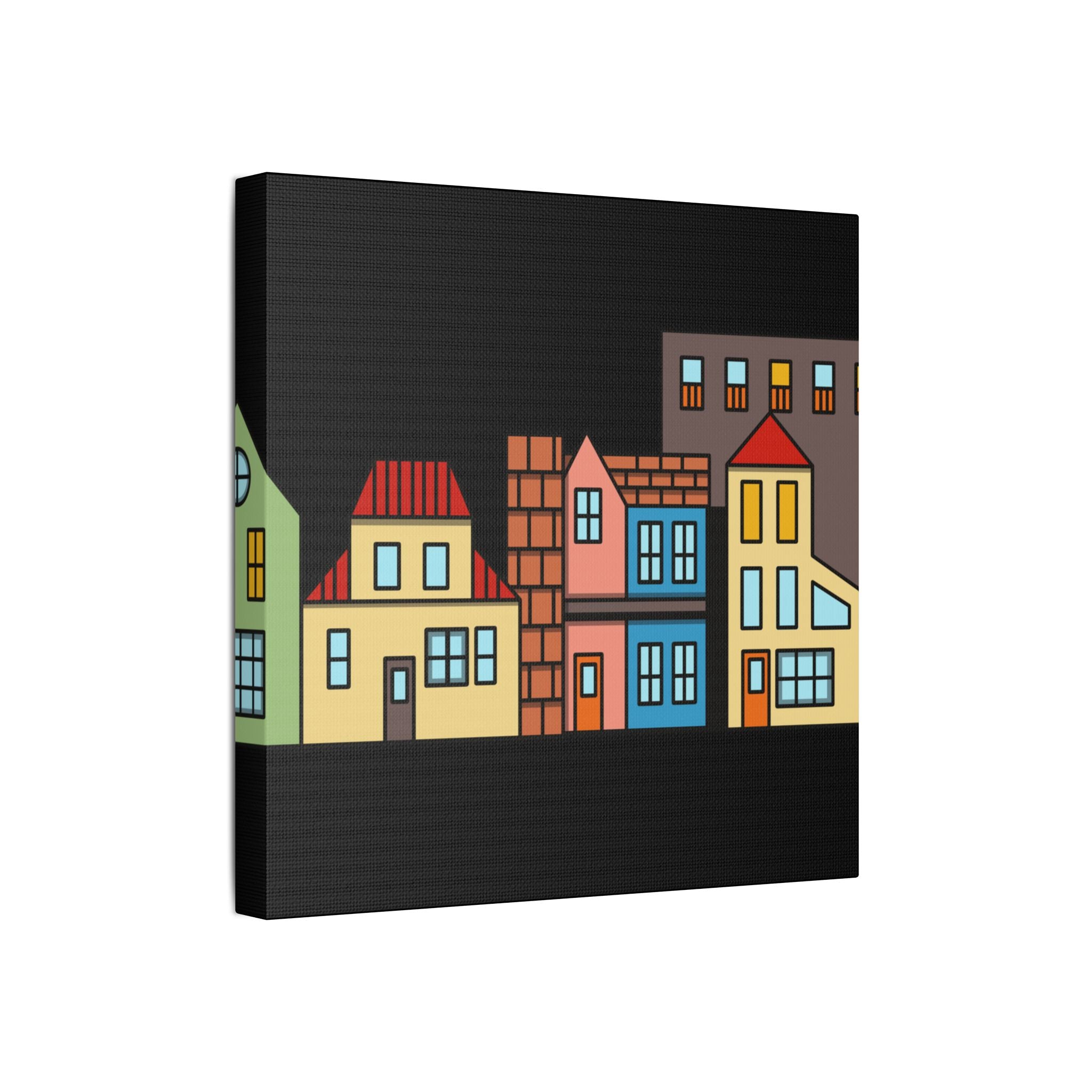 Colorful Row Houses Satin Canvas Wall Art — Stretched Cityscape Print