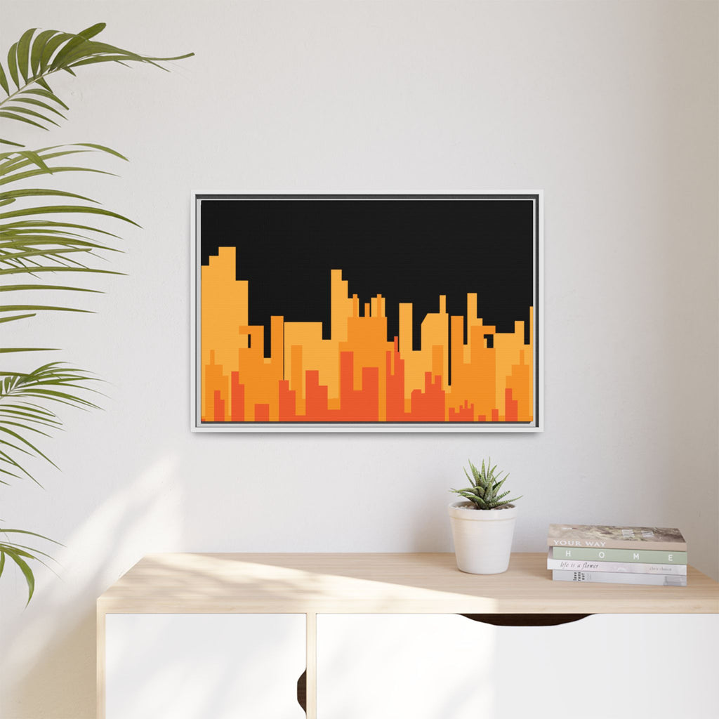 City Skyline Matte Canvas Print — Modern Pixelated Orange Urban Art (Framed)