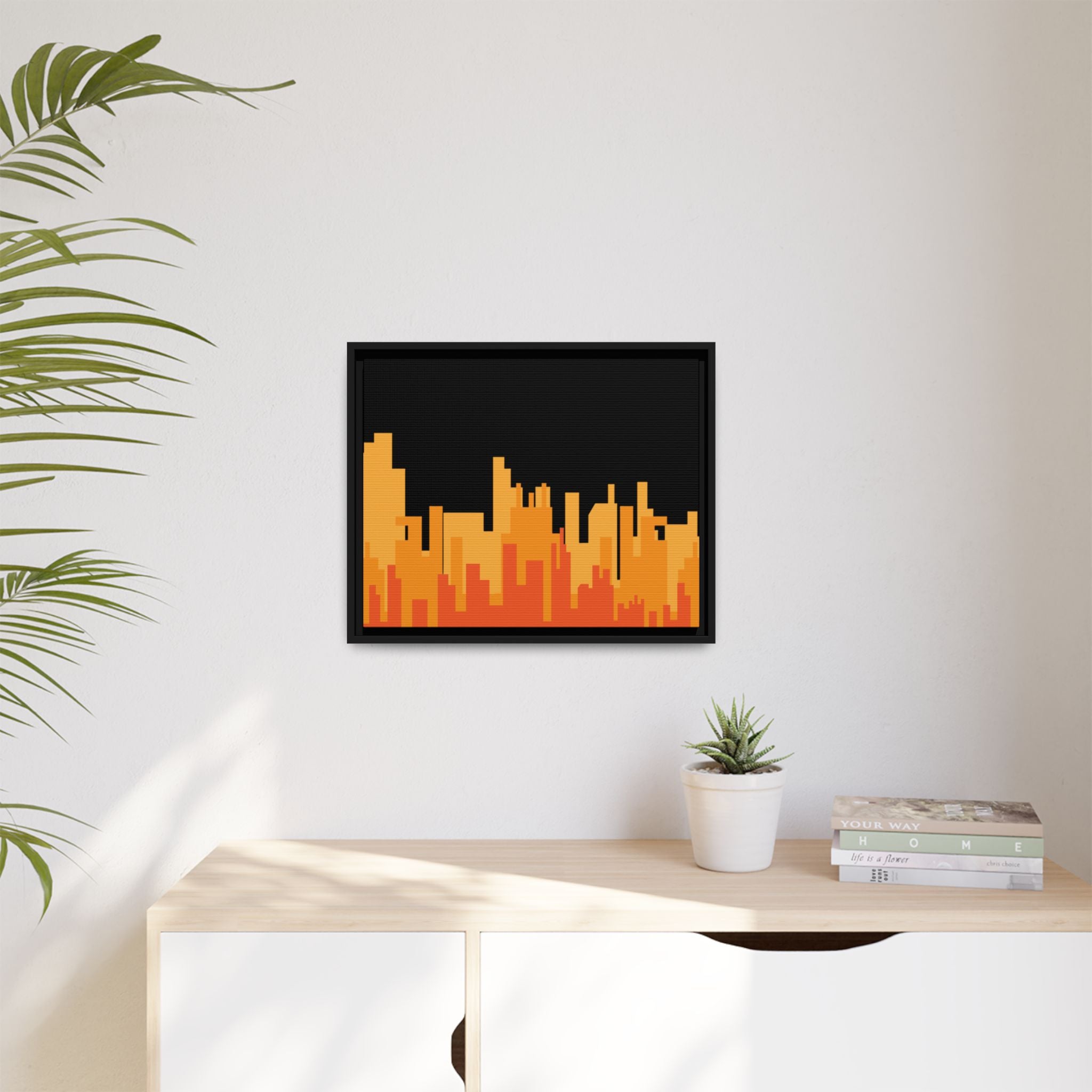 City Skyline Matte Canvas Print — Modern Pixelated Orange Urban Art (Framed)