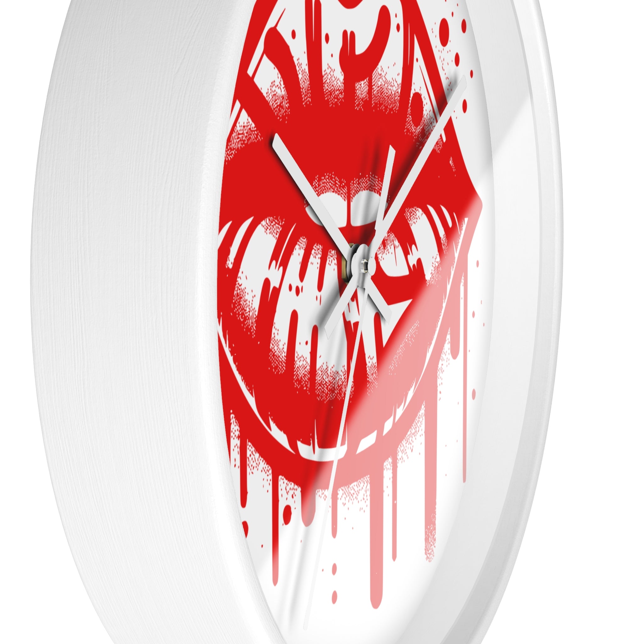 Red Graffiti Kiss Wall Clock on White — Bold Drip Lip Art Clock