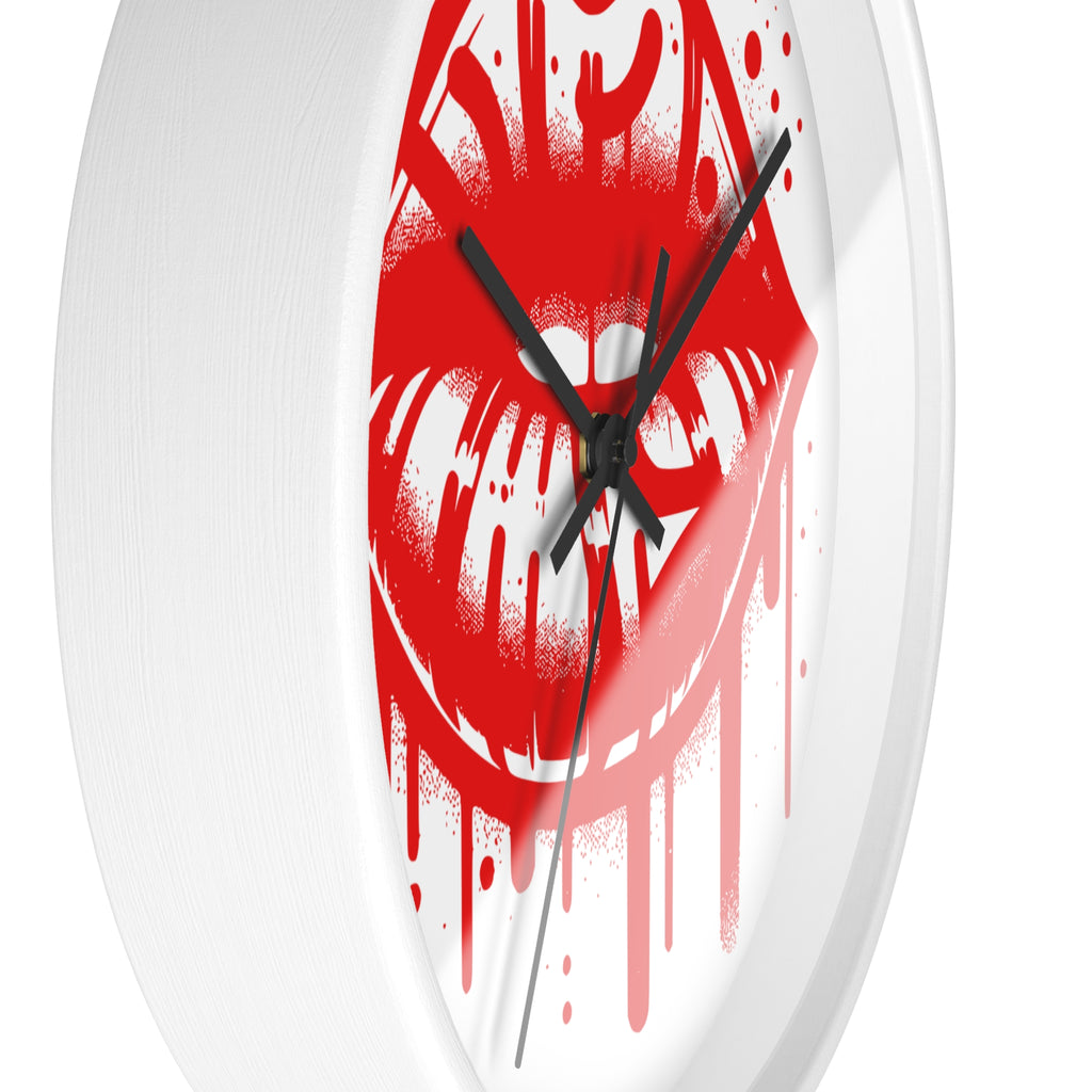 Red Graffiti Kiss Wall Clock on White — Bold Drip Lip Art Clock
