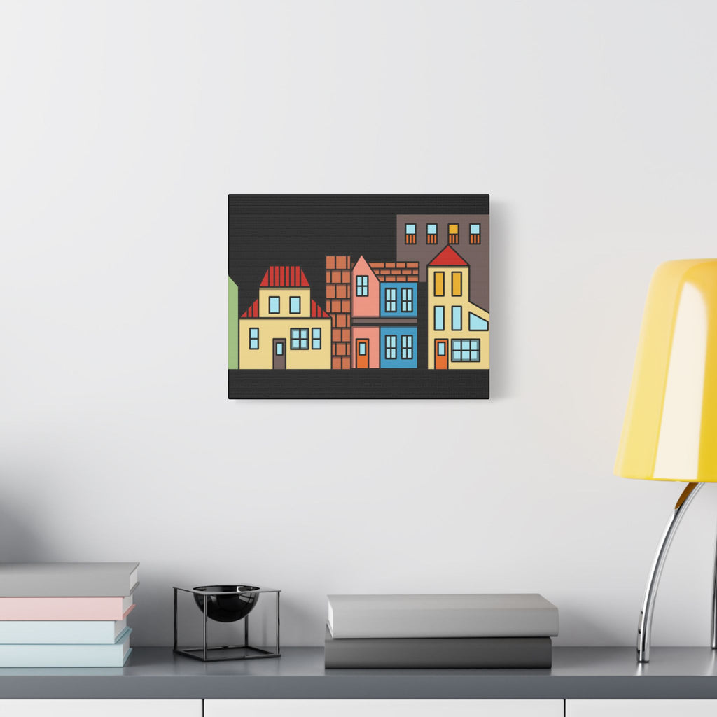 Colorful Row Houses Satin Canvas Wall Art — Stretched Cityscape Print