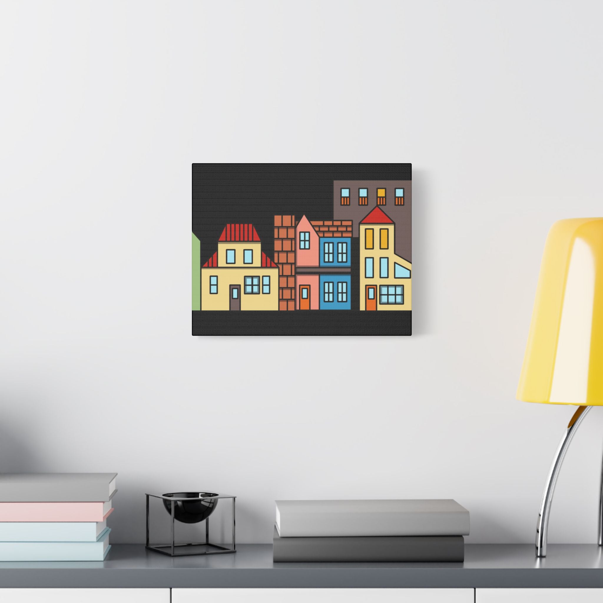 Colorful Row Houses Satin Canvas Wall Art — Stretched Cityscape Print