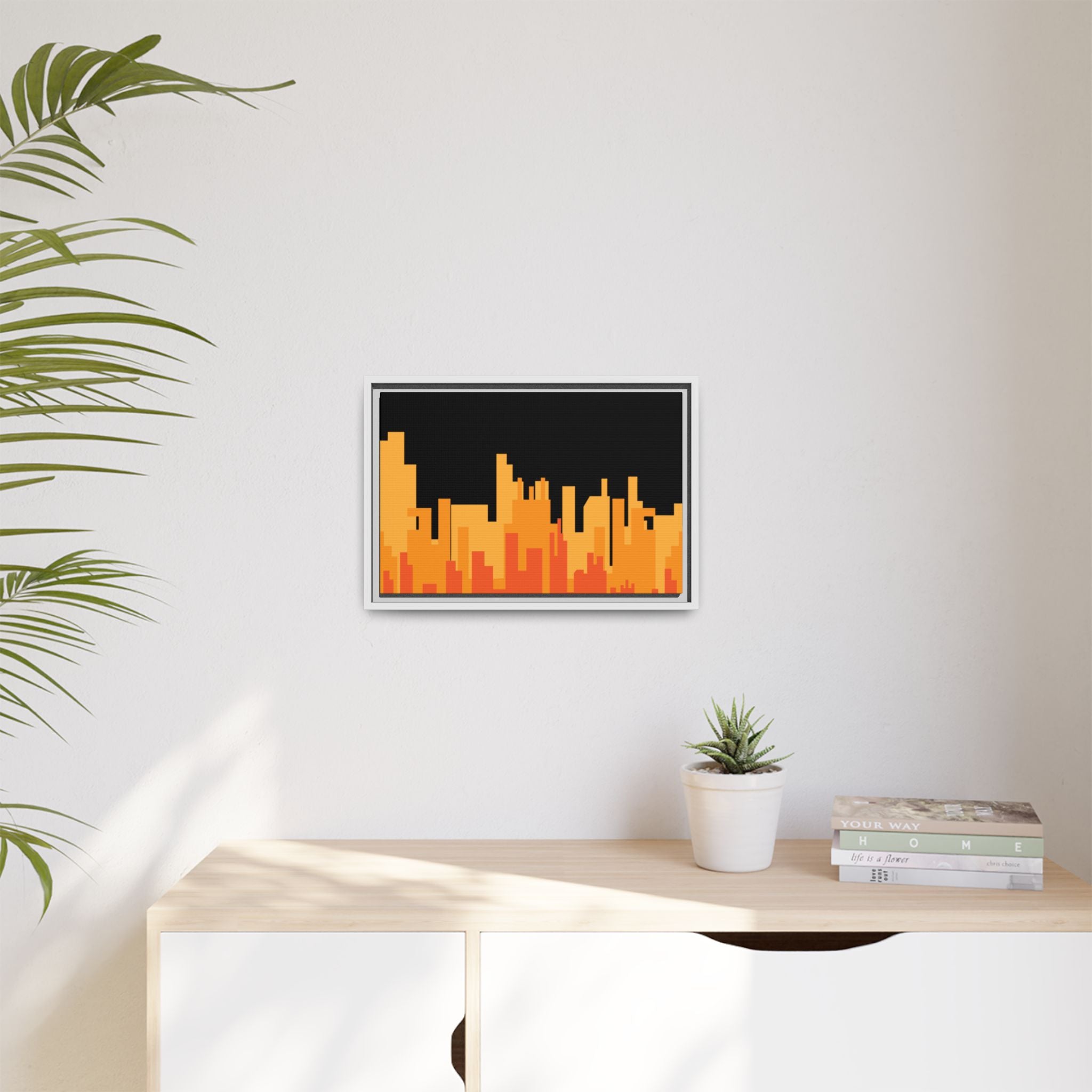 City Skyline Matte Canvas Print — Modern Pixelated Orange Urban Art (Framed)