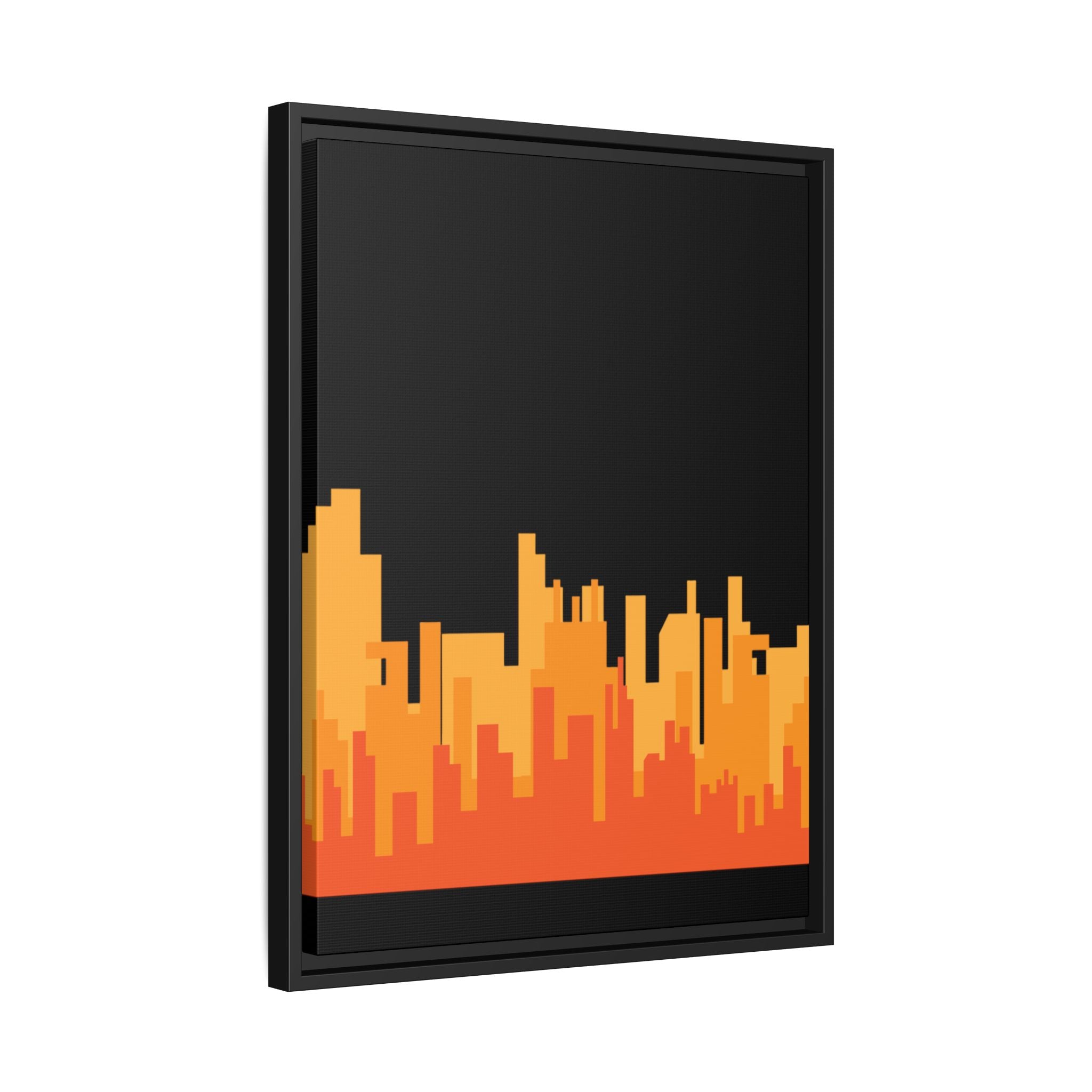 City Skyline Matte Canvas Print — Modern Pixelated Orange Urban Art (Framed)