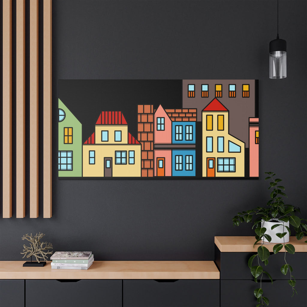 Colorful Row Houses Satin Canvas Wall Art — Stretched Cityscape Print