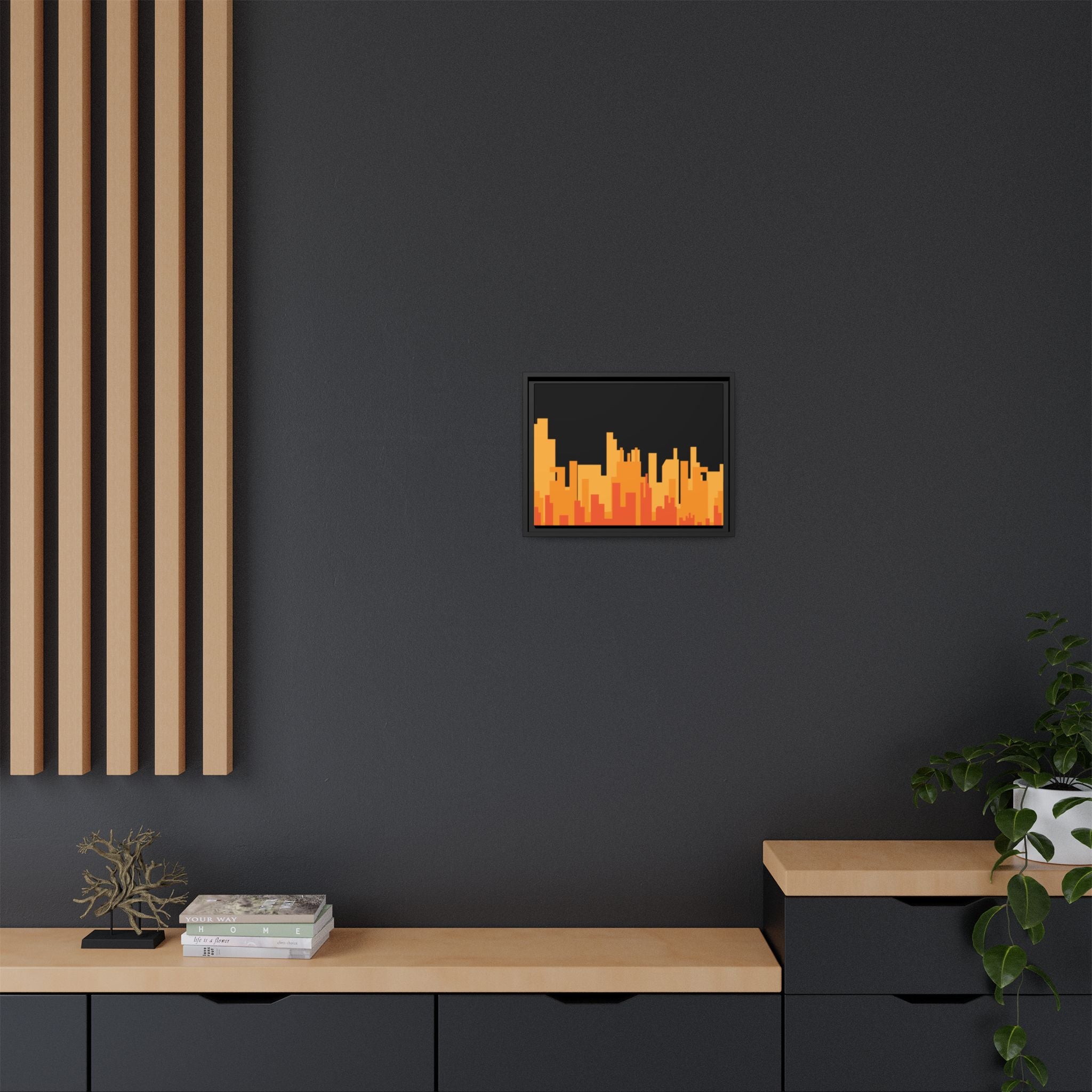 City Skyline Matte Canvas Print — Modern Pixelated Orange Urban Art (Framed)