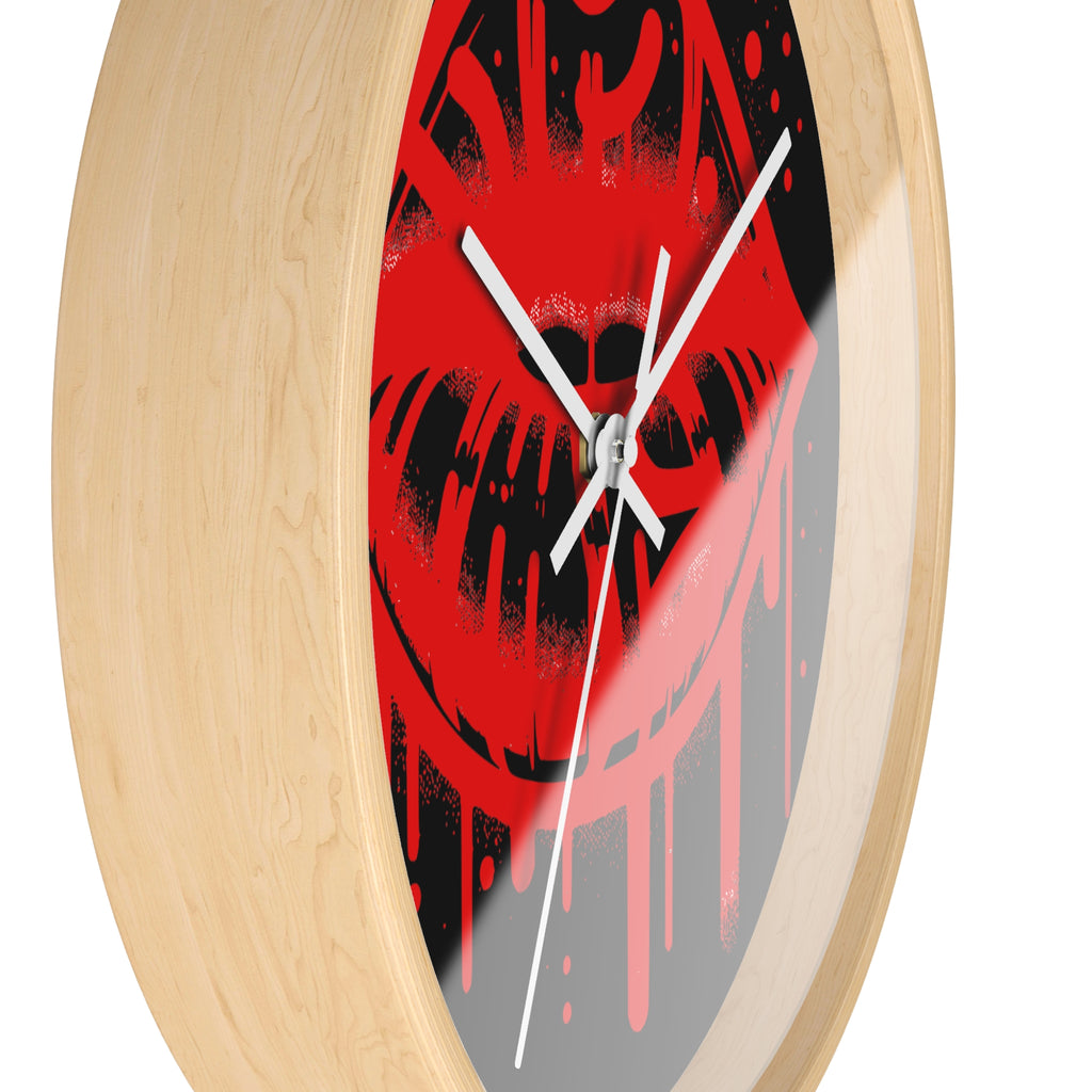 Red Graffiti Kiss Wall Clock on Black— Bold Drip Lip Art Clock