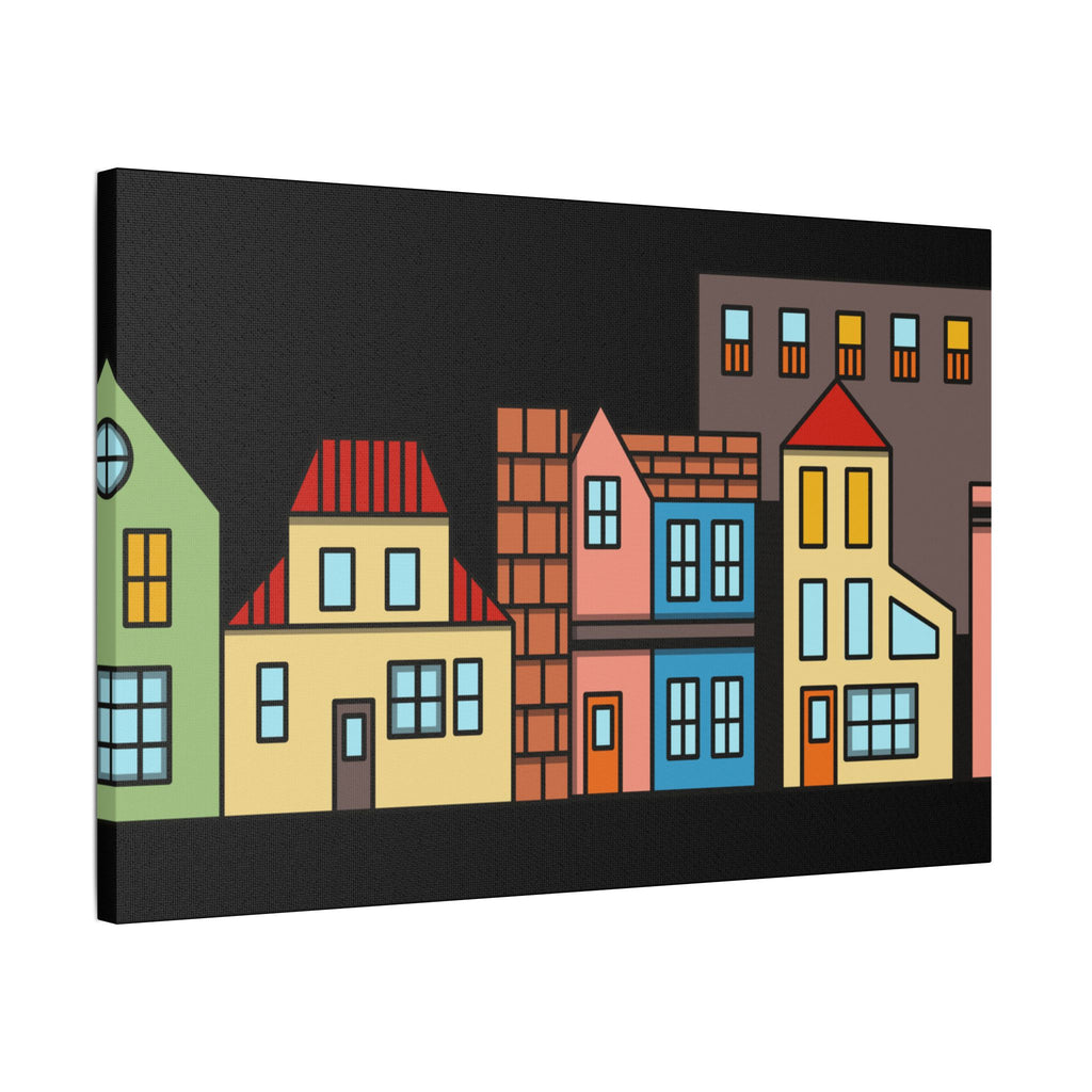 Colorful Row Houses Satin Canvas Wall Art — Stretched Cityscape Print