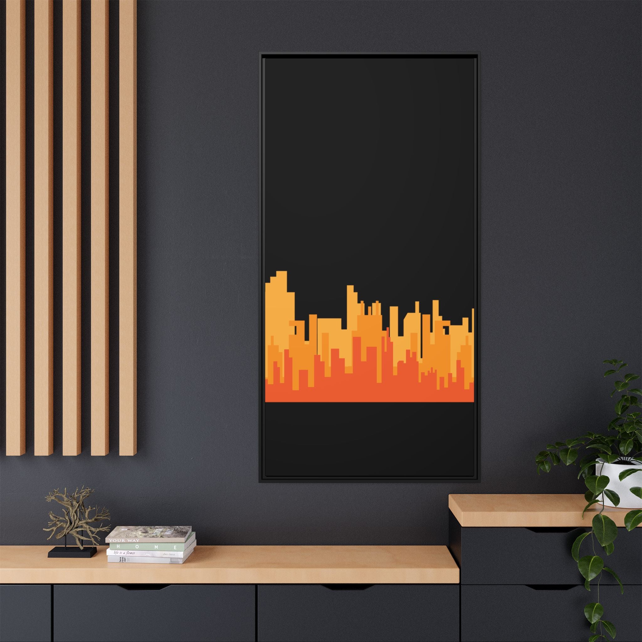 City Skyline Matte Canvas Print — Modern Pixelated Orange Urban Art (Framed)