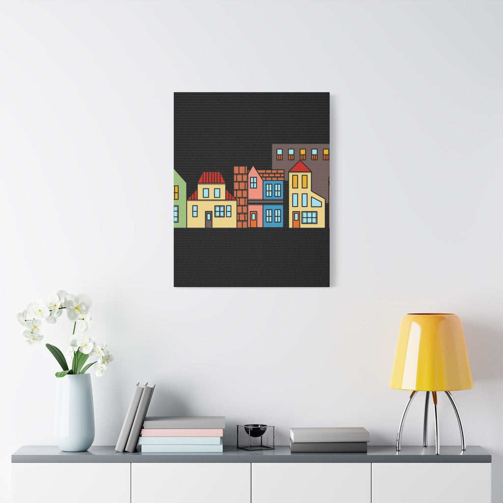 Colorful Row Houses Satin Canvas Wall Art — Stretched Cityscape Print