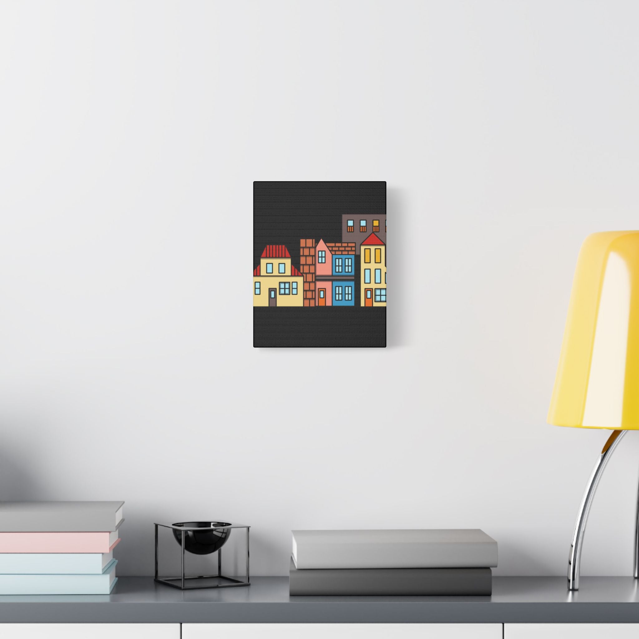Colorful Row Houses Satin Canvas Wall Art — Stretched Cityscape Print