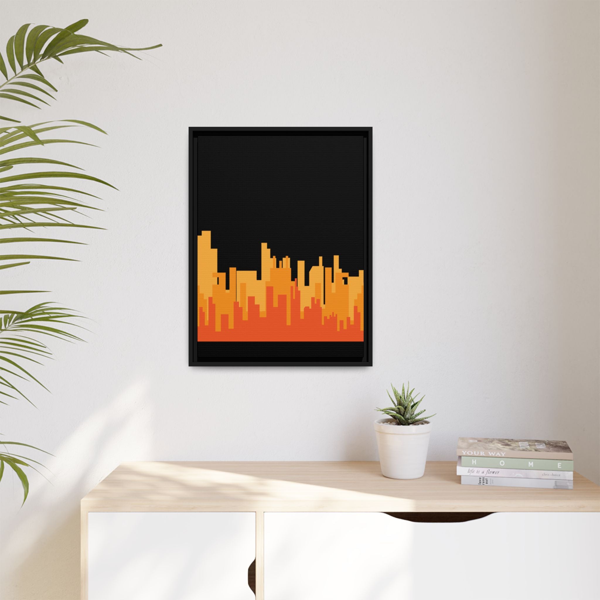 City Skyline Matte Canvas Print — Modern Pixelated Orange Urban Art (Framed)