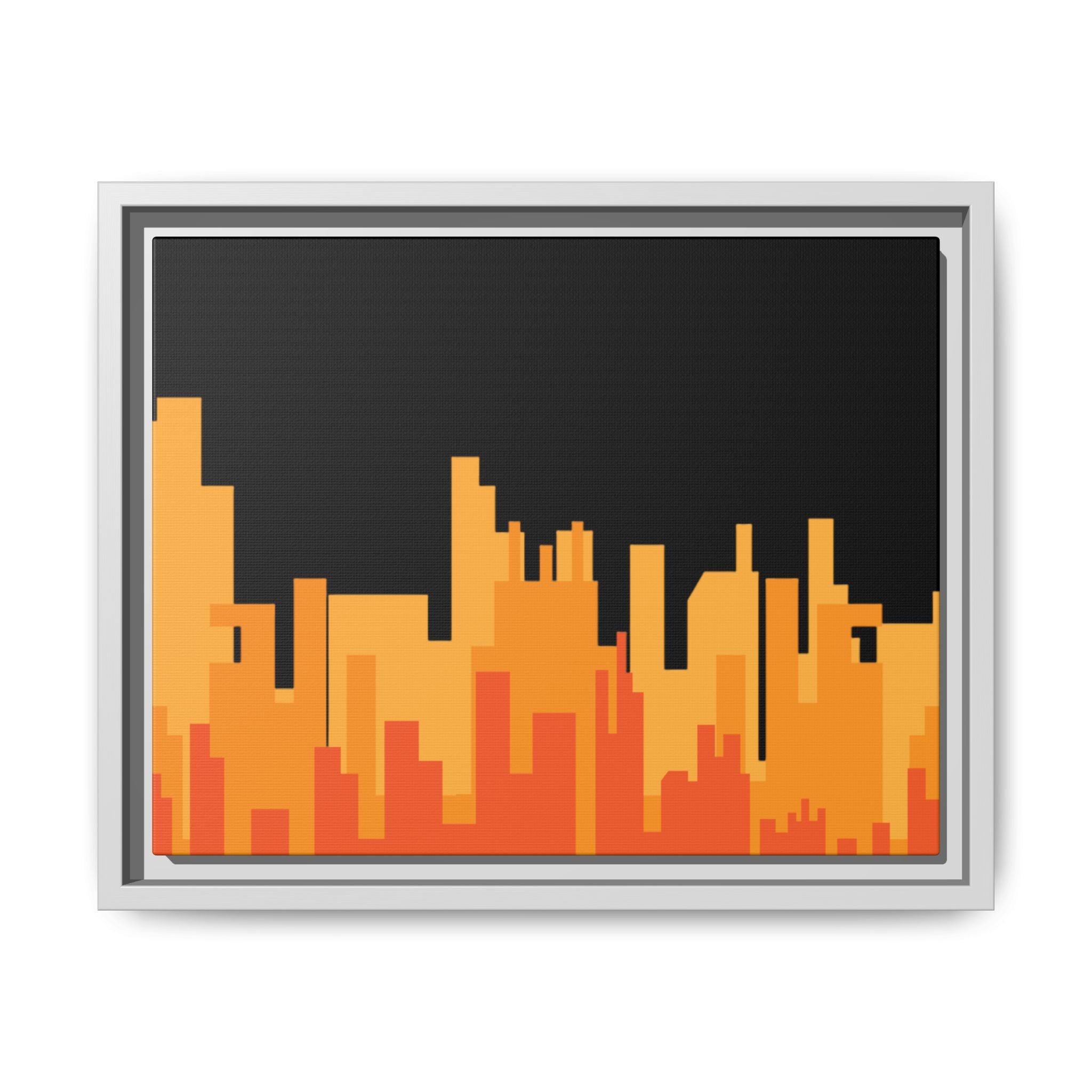 City Skyline Matte Canvas Print — Modern Pixelated Orange Urban Art (Framed)