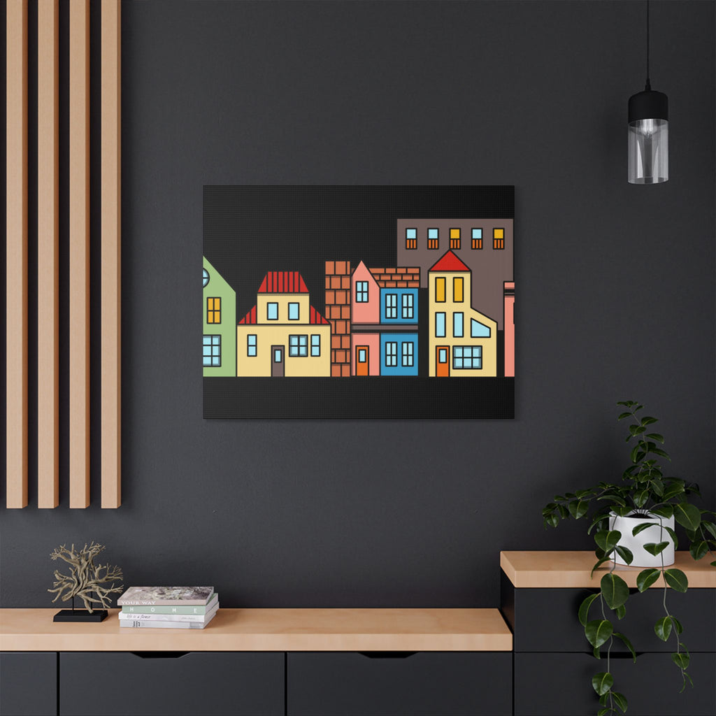 Colorful Row Houses Satin Canvas Wall Art — Stretched Cityscape Print