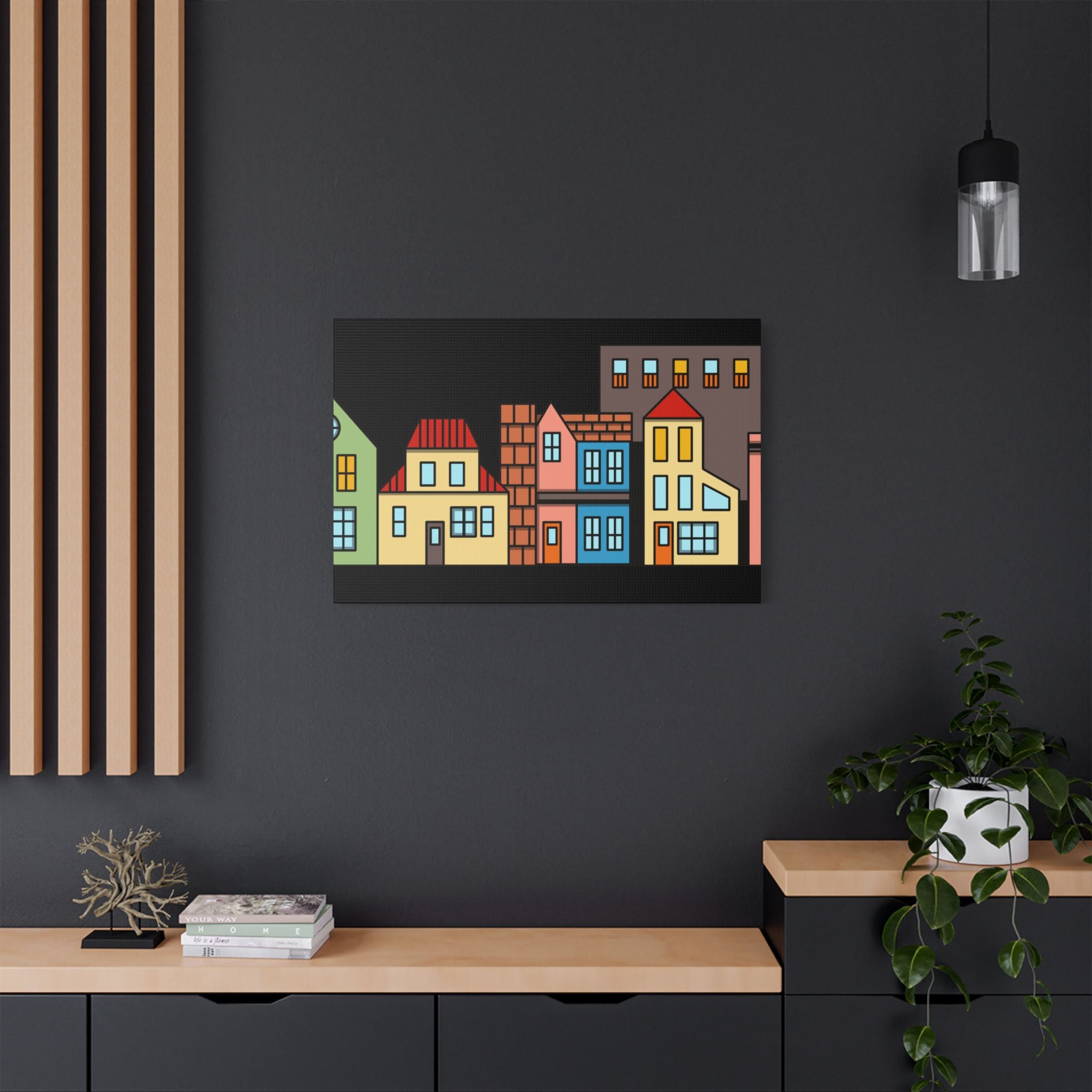 Colorful Row Houses Satin Canvas Wall Art — Stretched Cityscape Print