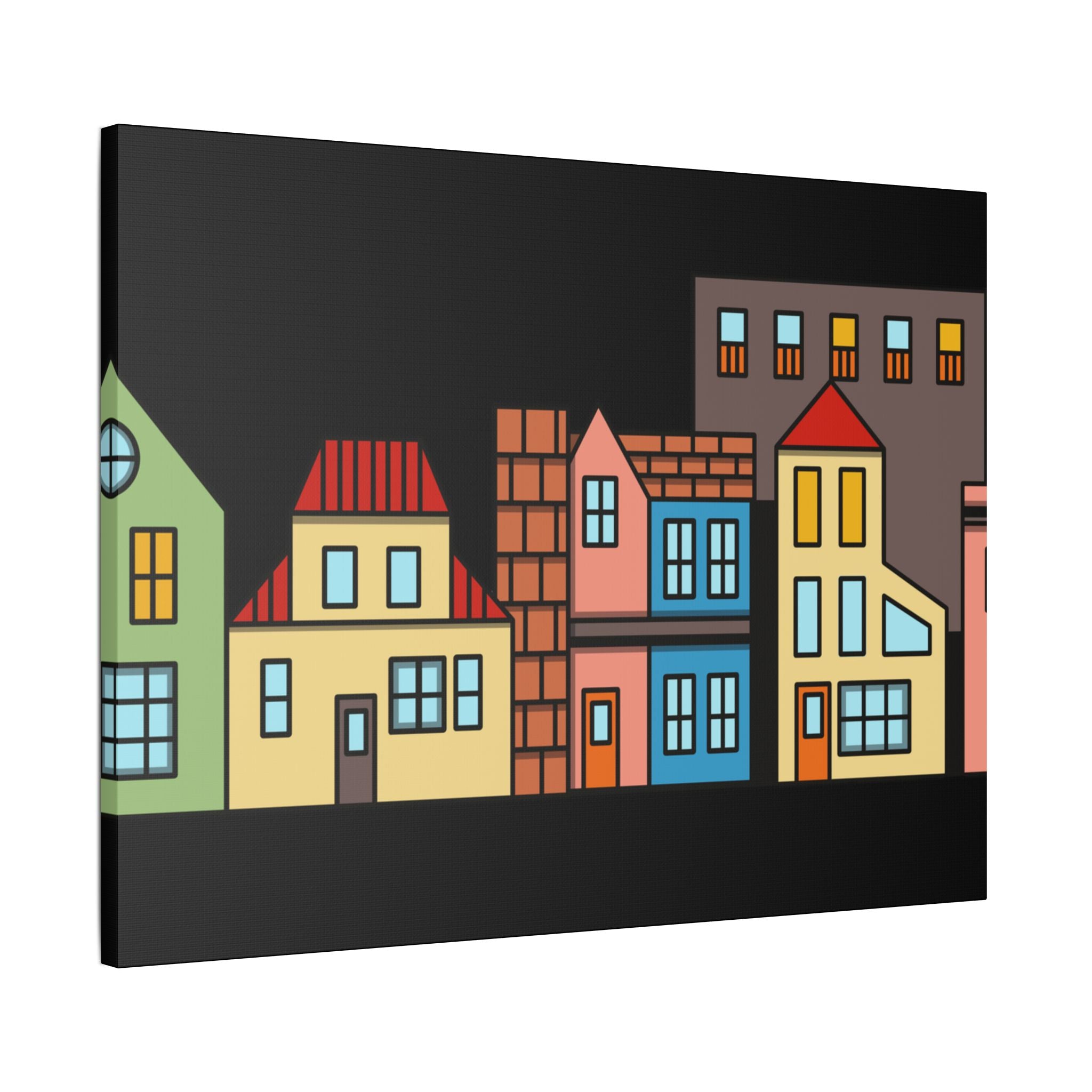 Colorful Row Houses Satin Canvas Wall Art — Stretched Cityscape Print