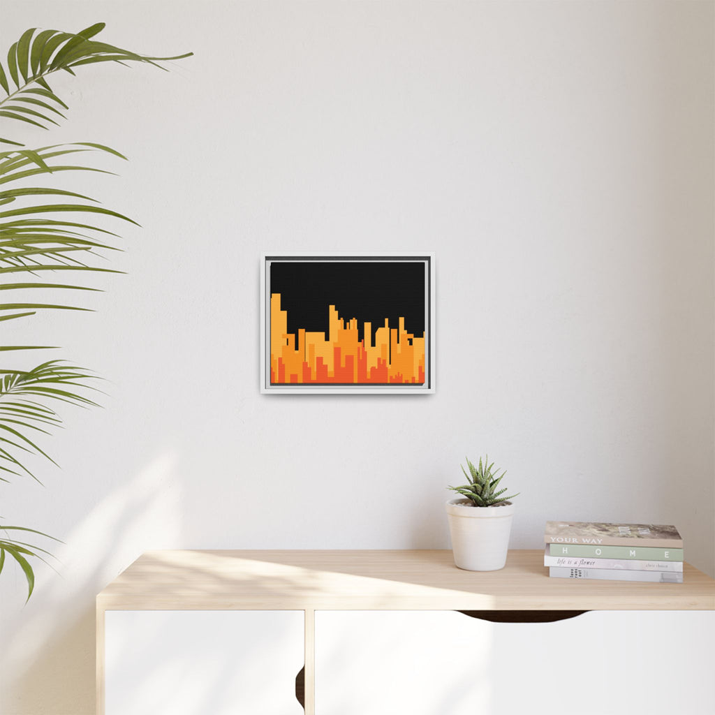 City Skyline Matte Canvas Print — Modern Pixelated Orange Urban Art (Framed)