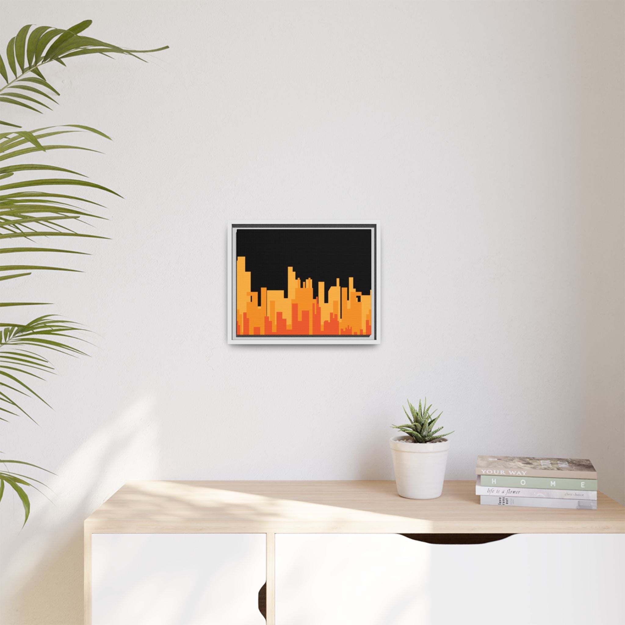 City Skyline Matte Canvas Print — Modern Pixelated Orange Urban Art (Framed)