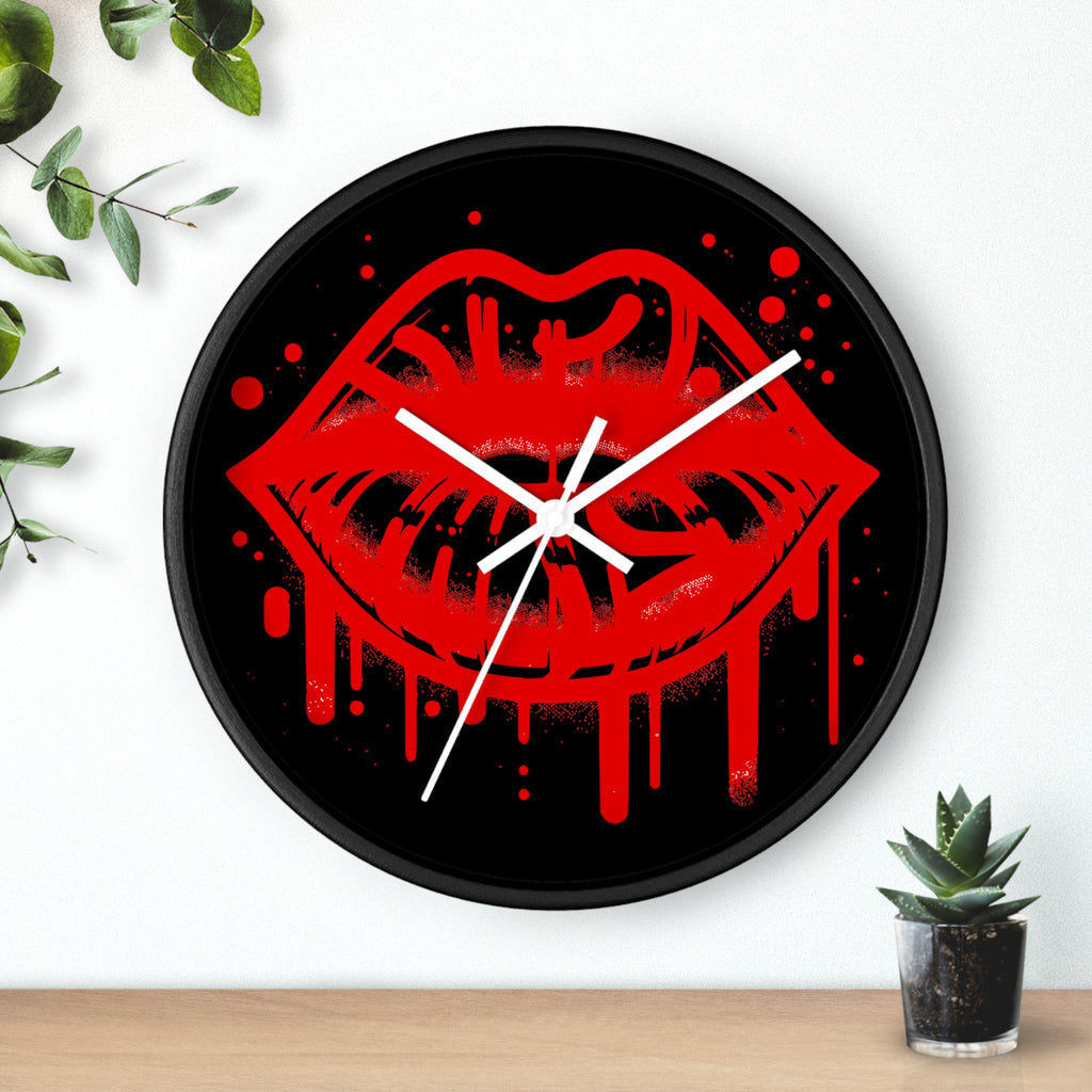 Red Graffiti Kiss Wall Clock on Black— Bold Drip Lip Art Clock