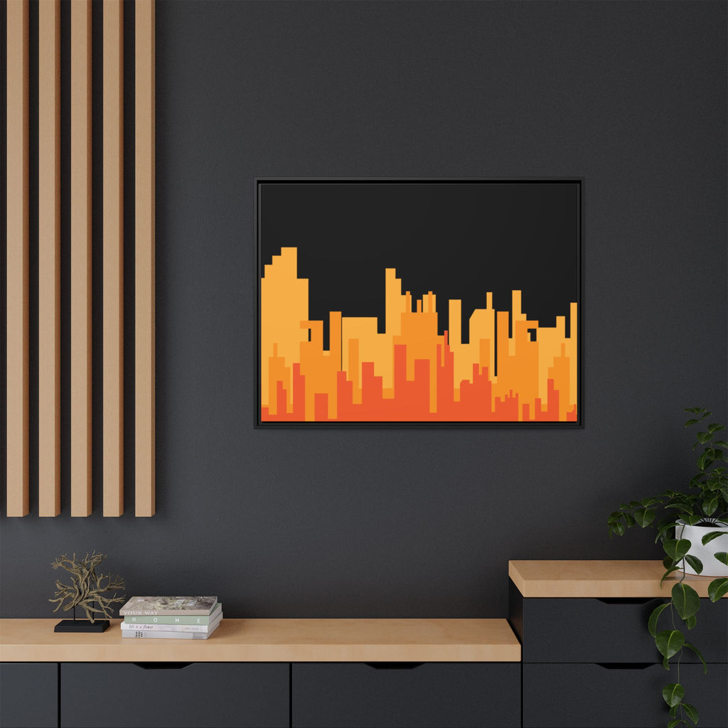 City Skyline Matte Canvas Print — Modern Pixelated Orange Urban Art (Framed)