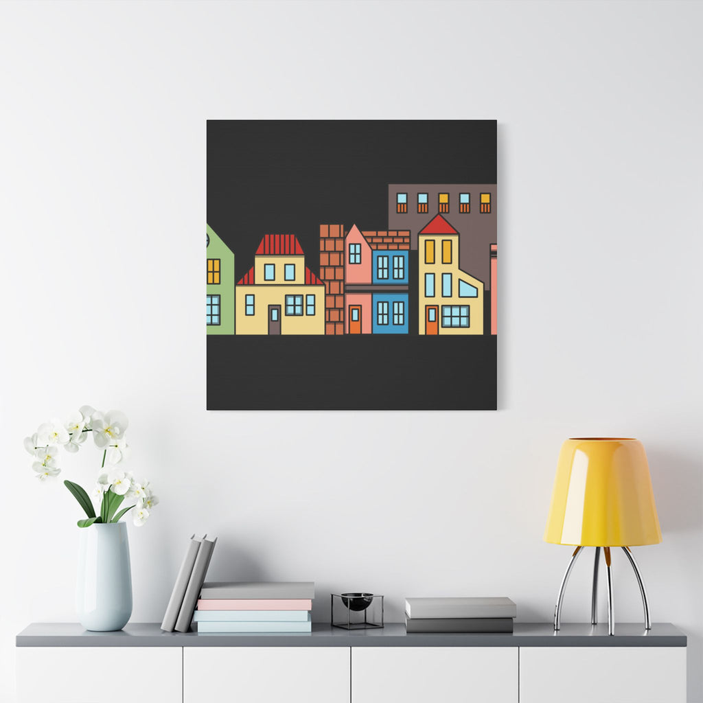 Colorful Row Houses Satin Canvas Wall Art — Stretched Cityscape Print