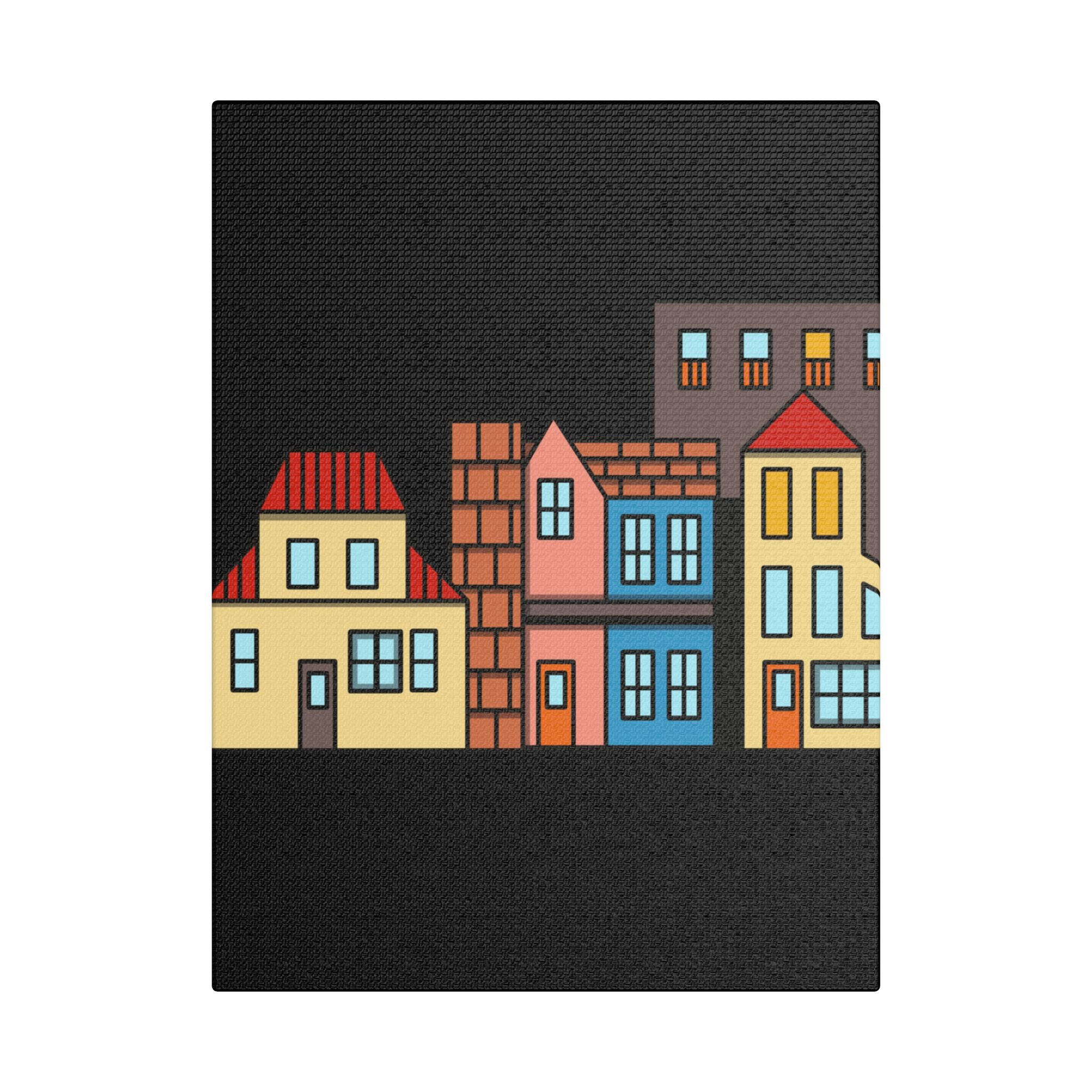 Colorful Row Houses Satin Canvas Wall Art — Stretched Cityscape Print