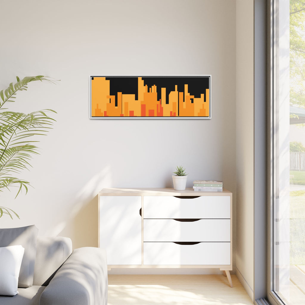 City Skyline Matte Canvas Print — Modern Pixelated Orange Urban Art (Framed)