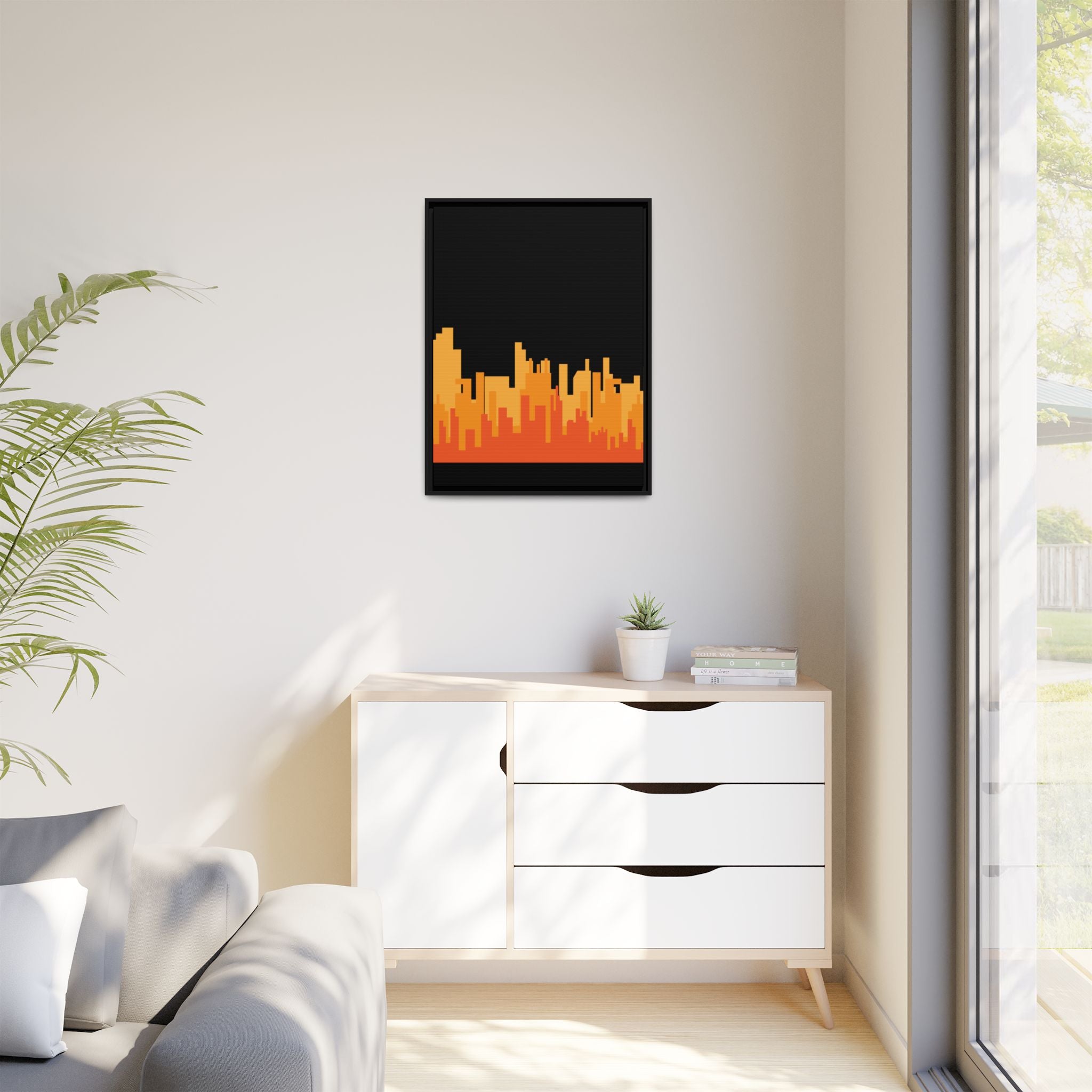 City Skyline Matte Canvas Print — Modern Pixelated Orange Urban Art (Framed)