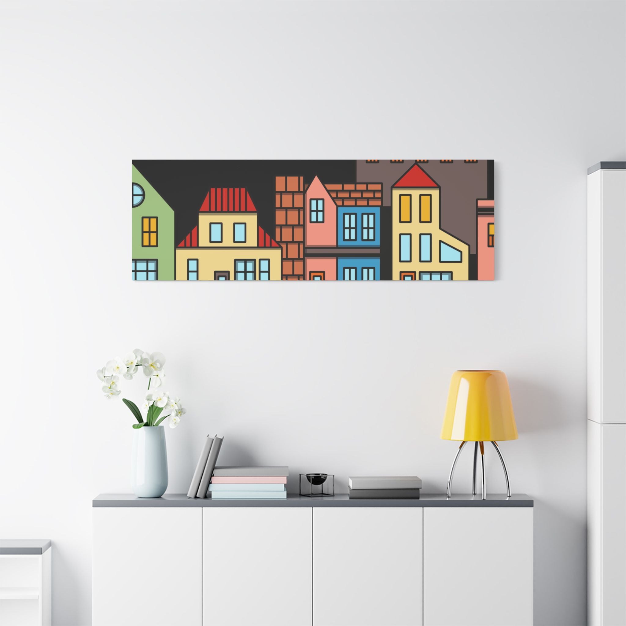 Colorful Row Houses Satin Canvas Wall Art — Stretched Cityscape Print