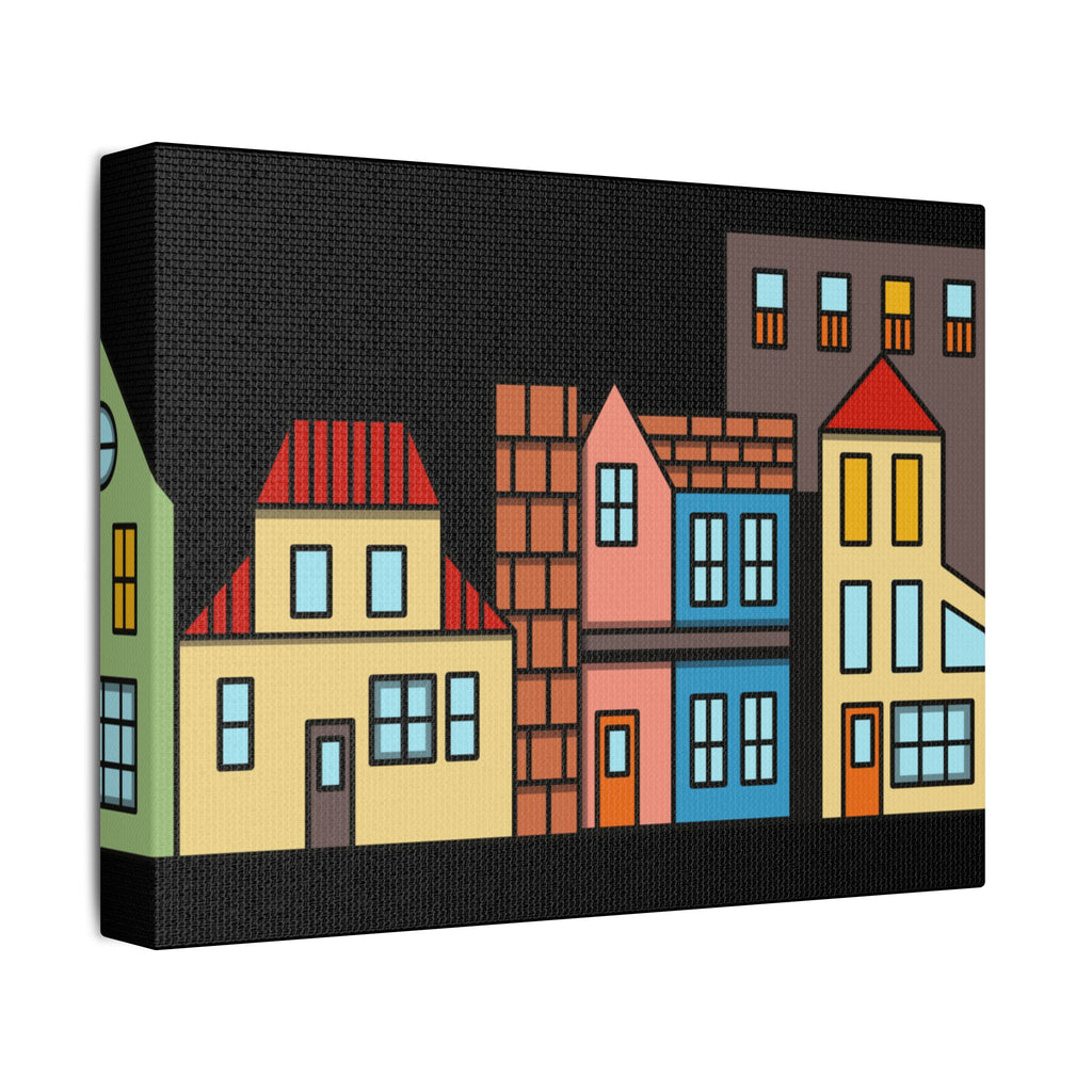 Colorful Row Houses Satin Canvas Wall Art — Stretched Cityscape Print