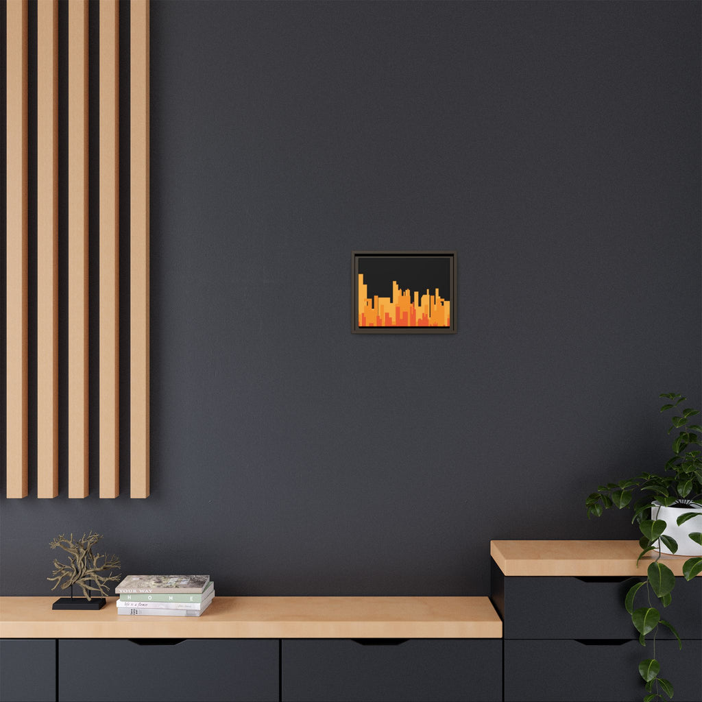 City Skyline Matte Canvas Print — Modern Pixelated Orange Urban Art (Framed)