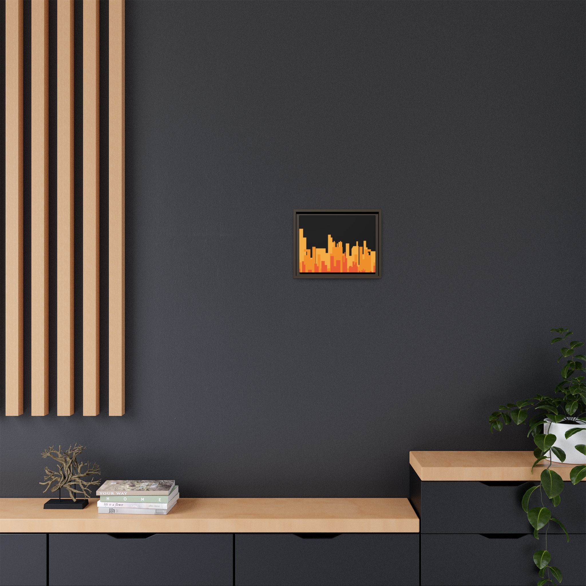City Skyline Matte Canvas Print — Modern Pixelated Orange Urban Art (Framed)