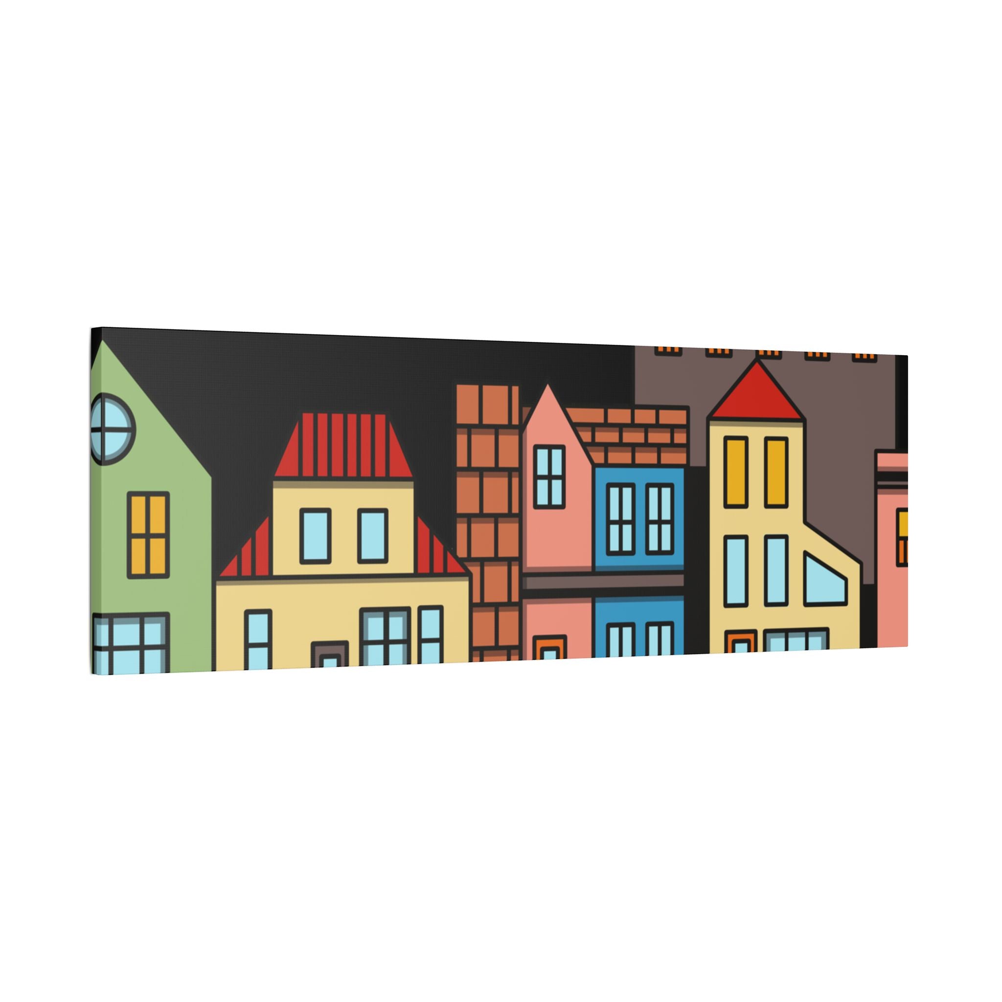 Colorful Row Houses Satin Canvas Wall Art — Stretched Cityscape Print
