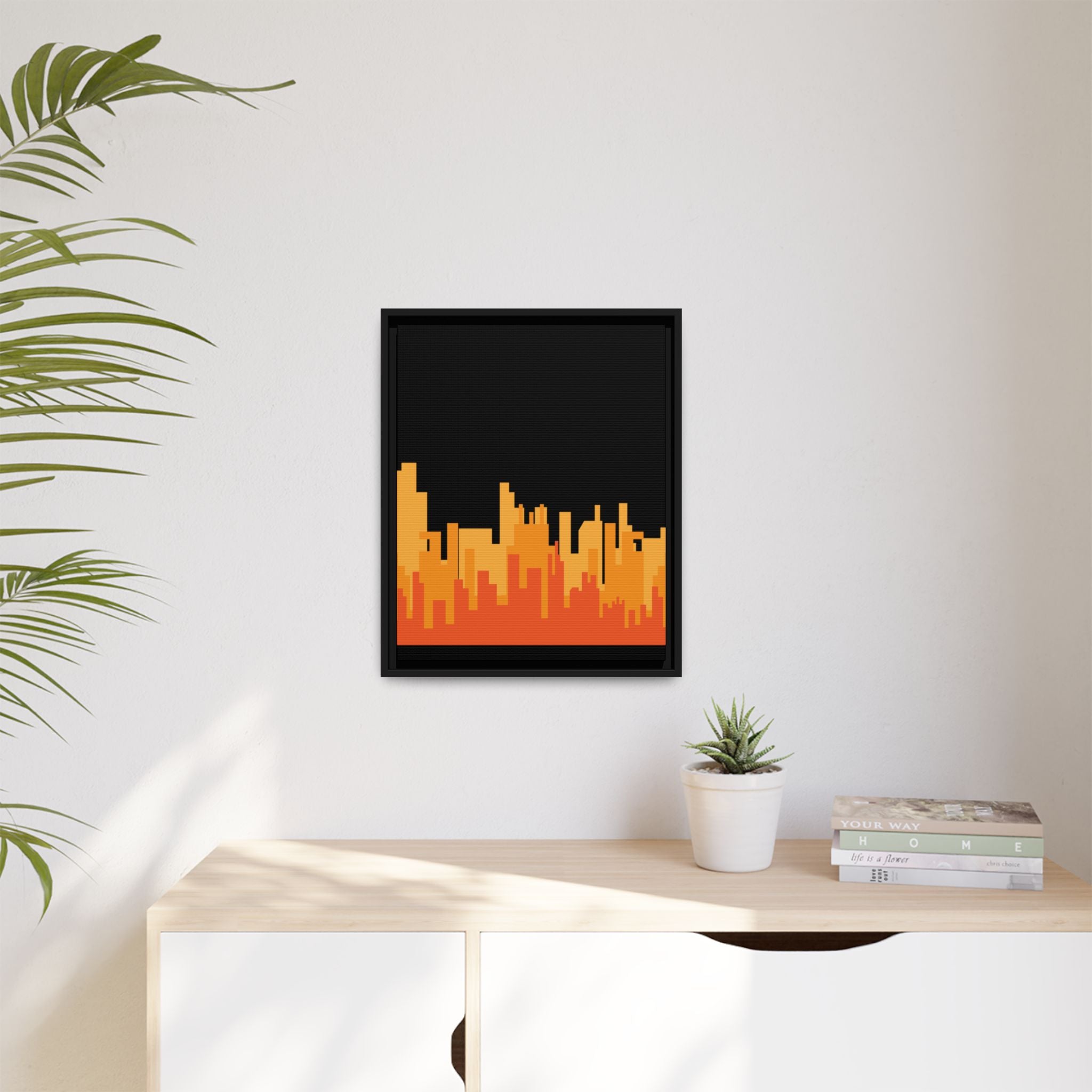 City Skyline Matte Canvas Print — Modern Pixelated Orange Urban Art (Framed)
